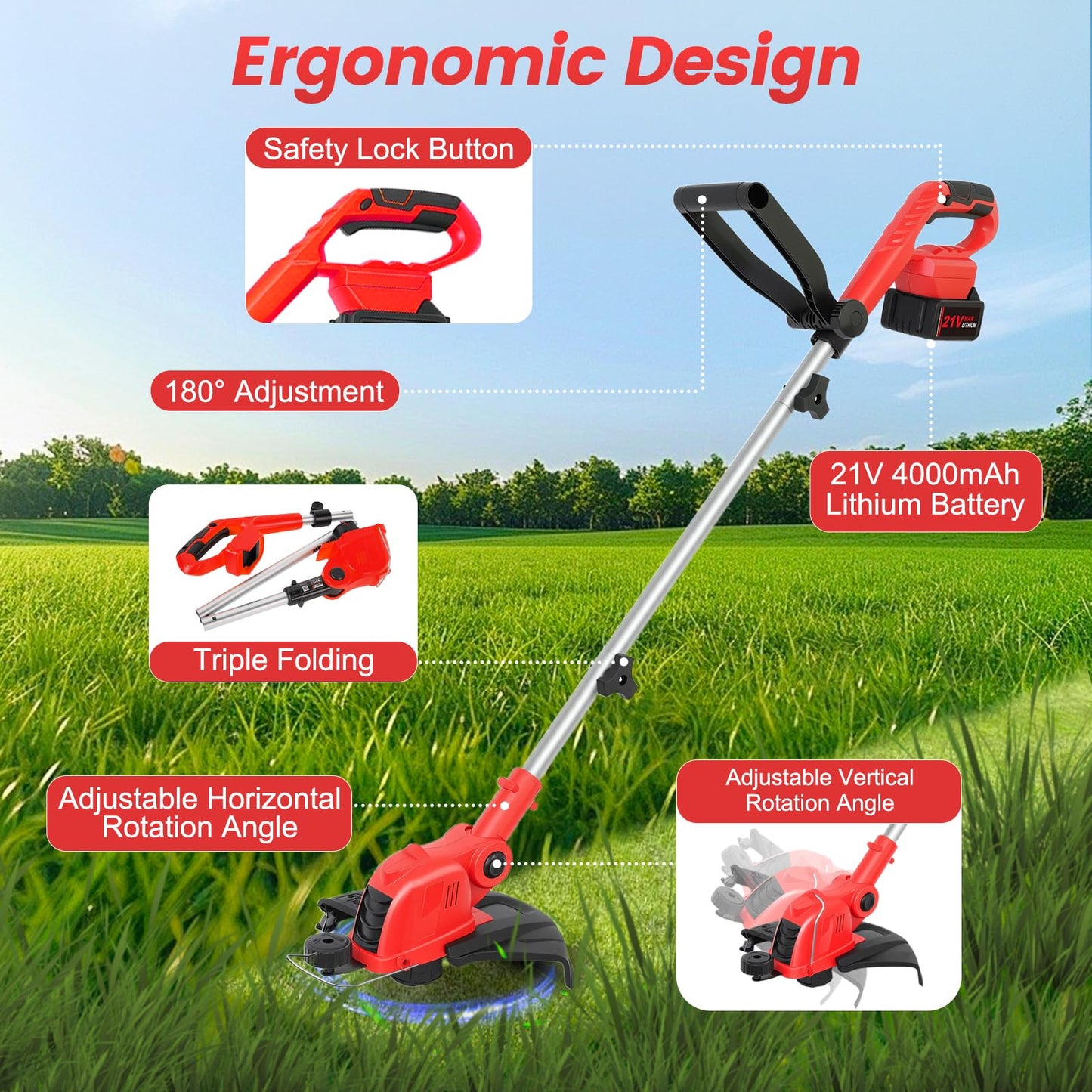21V Weed Wacker Cordless String Trimmer with 2x4.0Ah Batteries & Fast Charger, 12" Automatic Feed Grass Trimmer, 2-in-1 Electric Weed Eater for Garden Edge Lawn Tool