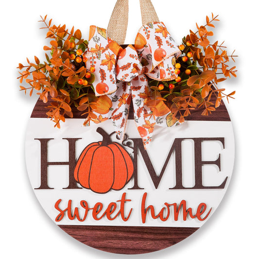Fall Wreaths for Front Door, Sweet Home 3D Pumpkin Fall Door Sign with Bow & Wreath, Fall Autumn Wreaths for Front Door Harvest Farmhouse Hanging Indoor Outdoor Porch, Wall, Home Decor