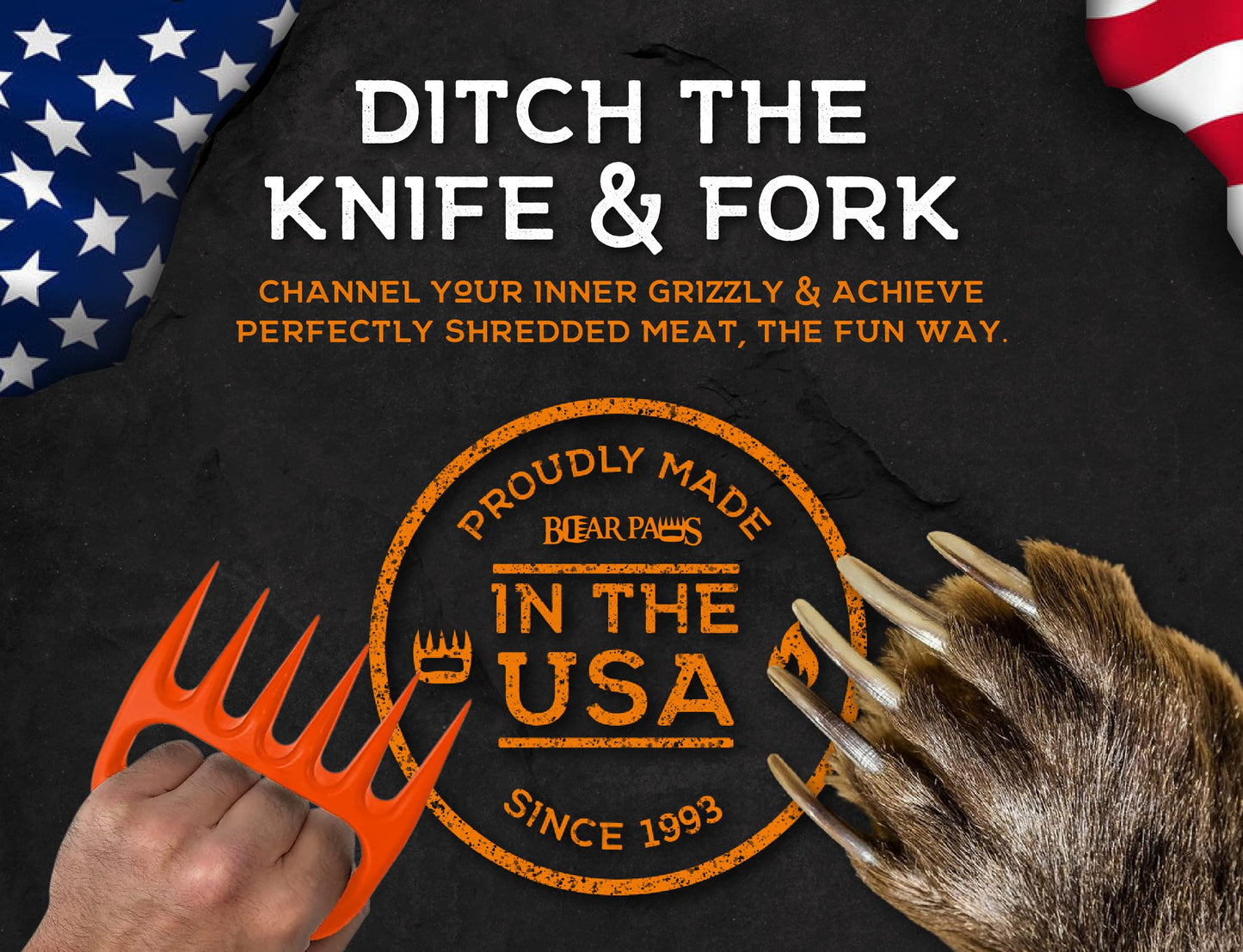 Bear Paws Meat Claws - The Original BBQ Meat Shredder Claws for Pulled Pork, USA Made - Easily Lift, Shred, Pull and Serve Pork, Chicken, Brisket and Turkey - Valentine’s Day Gifts for Men (Orange)
