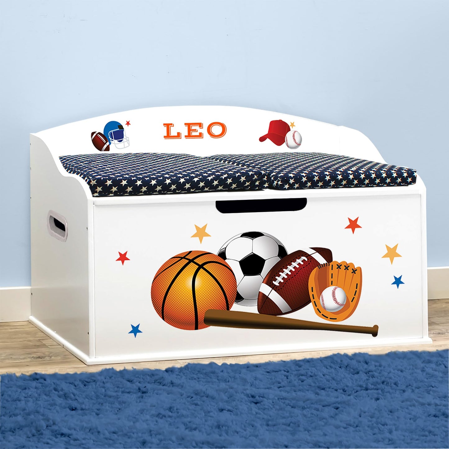 DIBSIES Personalized Creative Wonders Toy Box, Sports, 30 x 19.25 x 18 inches, Soft-Close Lid (White)