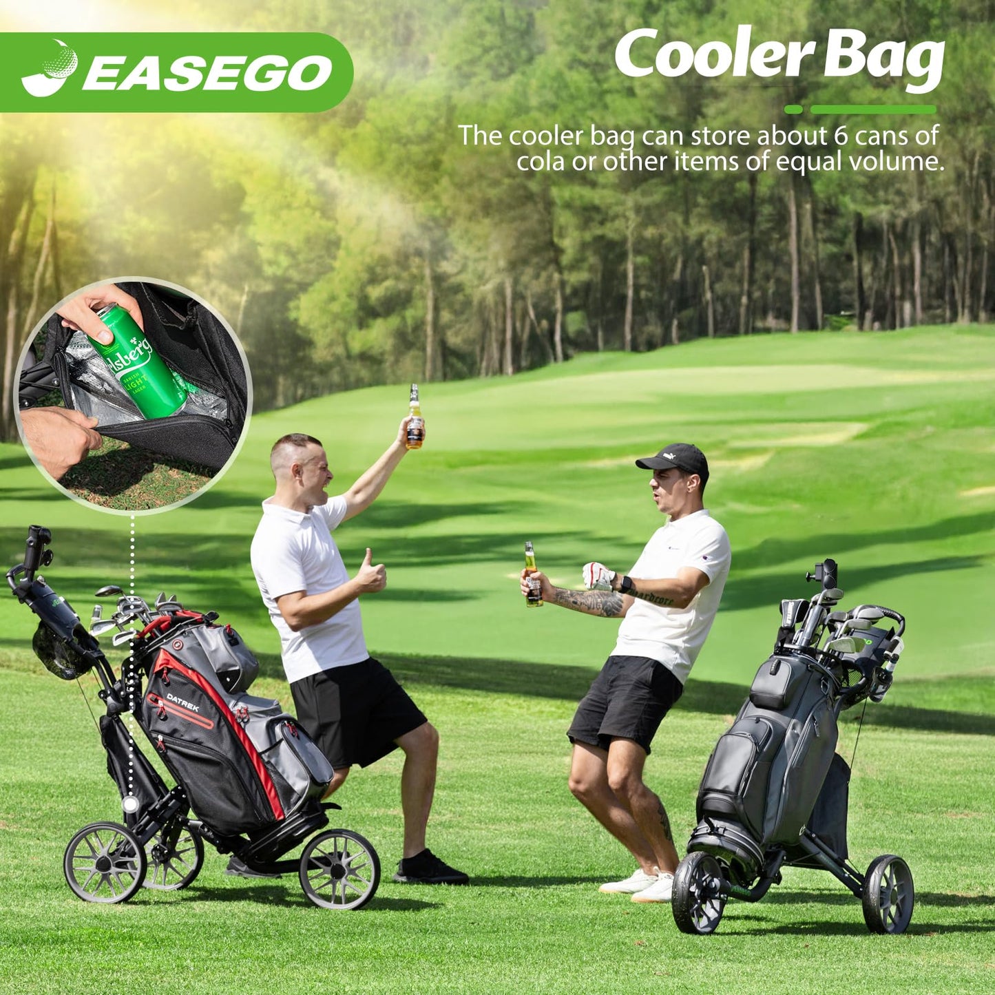 EASEGO Golf Push Cart 3 Wheel : Golf Caddy Pull Cart, One Click Folding Golf Bag Cart Lightweight Compact Golf Trolley with Cooler Bag, Umbrella, Cup & Phone Holder for Different Terrain