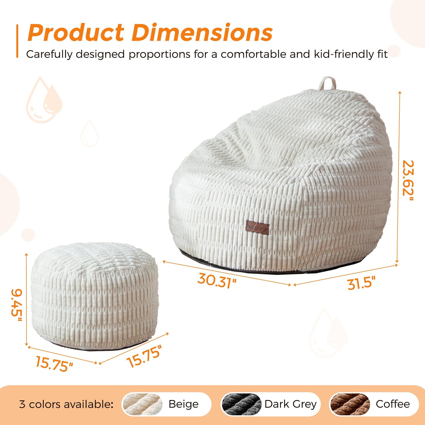 MAXYOYO Kids Bean Bag Chair with Ottoman, Soft Plush Bean Bag Sofa with Removable Cover for Boys and Girls, Convenient Floor Seat with Handle, Comfy Toddler Lounge Chair for Playroom, Bedroom