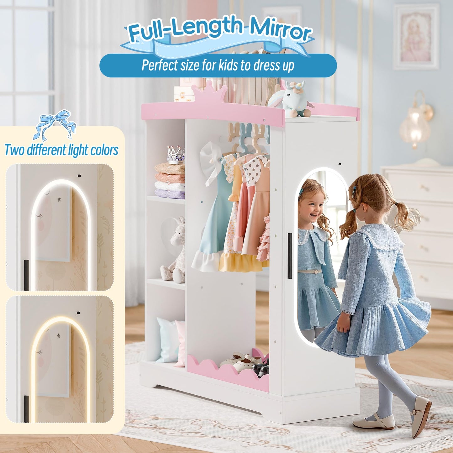 Betterhood Kids Closet with Jewelry Cabinet, Dress up Storage with Shelves&Mirror, Costumes Wardrobe Closet with Hanging Rack for Toddlers,Organizer for Bedroom, (Kids' Armoires, White)