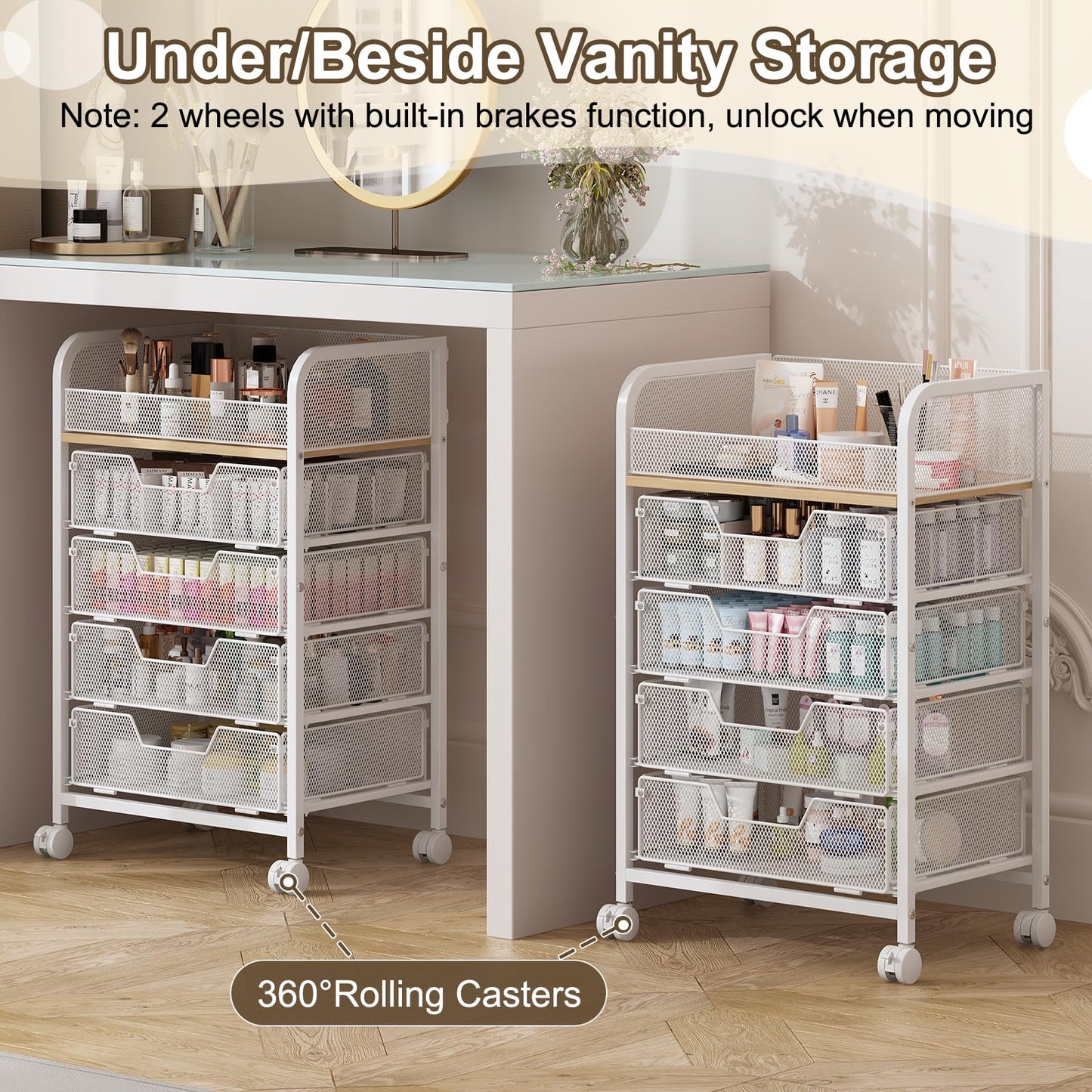 Hongtamoya Makeup Cart Organizer with 4 Drawers, Large Floor Skincare Organizers, Vanity Storage Organizer Cosmetics Display Cases for Skin Care Perfume Nail Polish, White