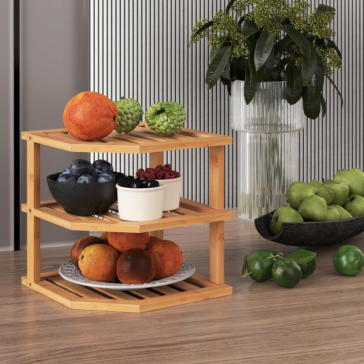 VERTORGAN 3 Tier Bamboo Dish Drying Rack,Corner Shelf 2 Pack(Natural)