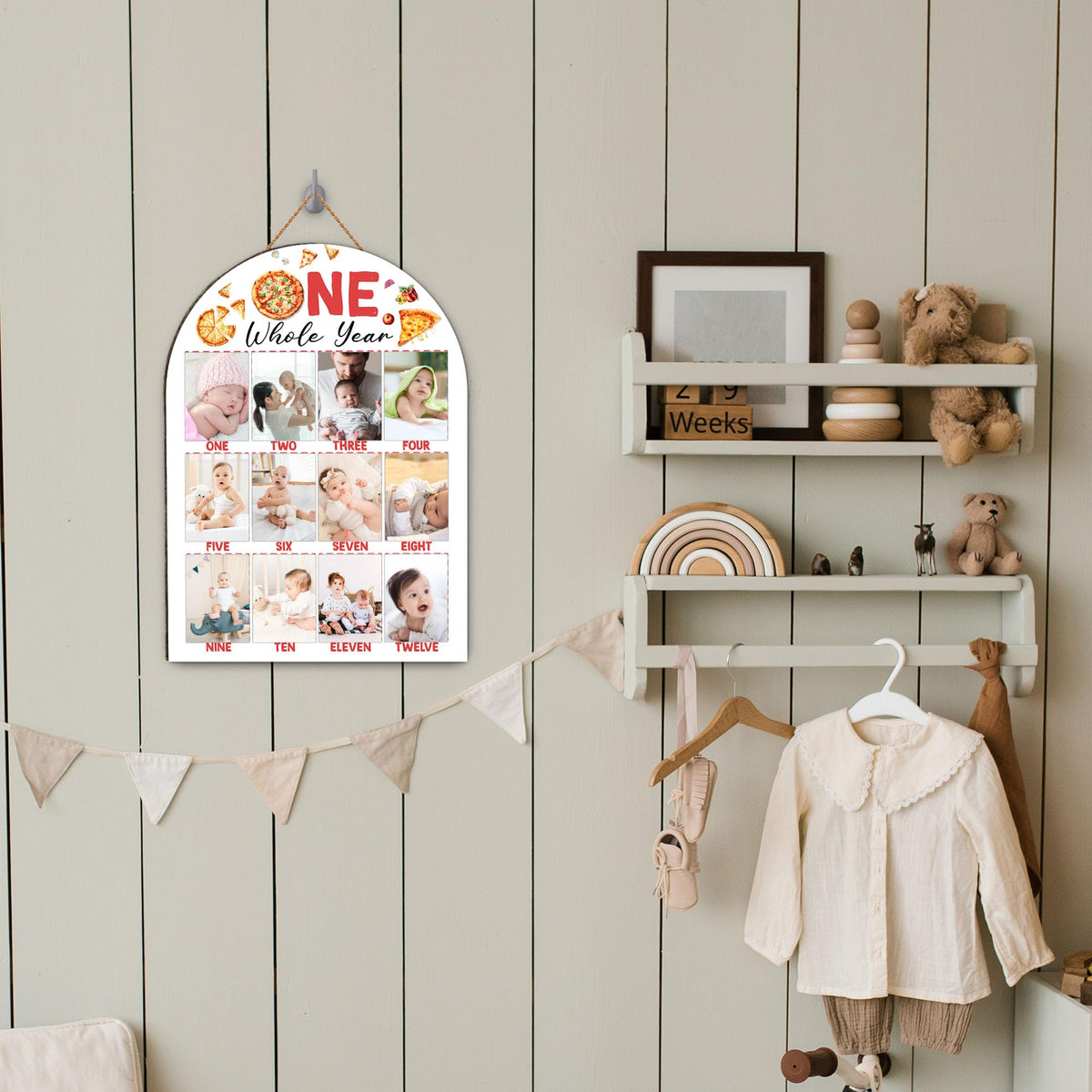 Pizza My First Year Photo Board, One Whole Year Birthday Decoration Photo Frame, 12 Monthly Baby Milestone Wooden Sign, Pizza Nursery Decor for Boy Girl, Gender Neutral Baby Keepsake Gifts-A07
