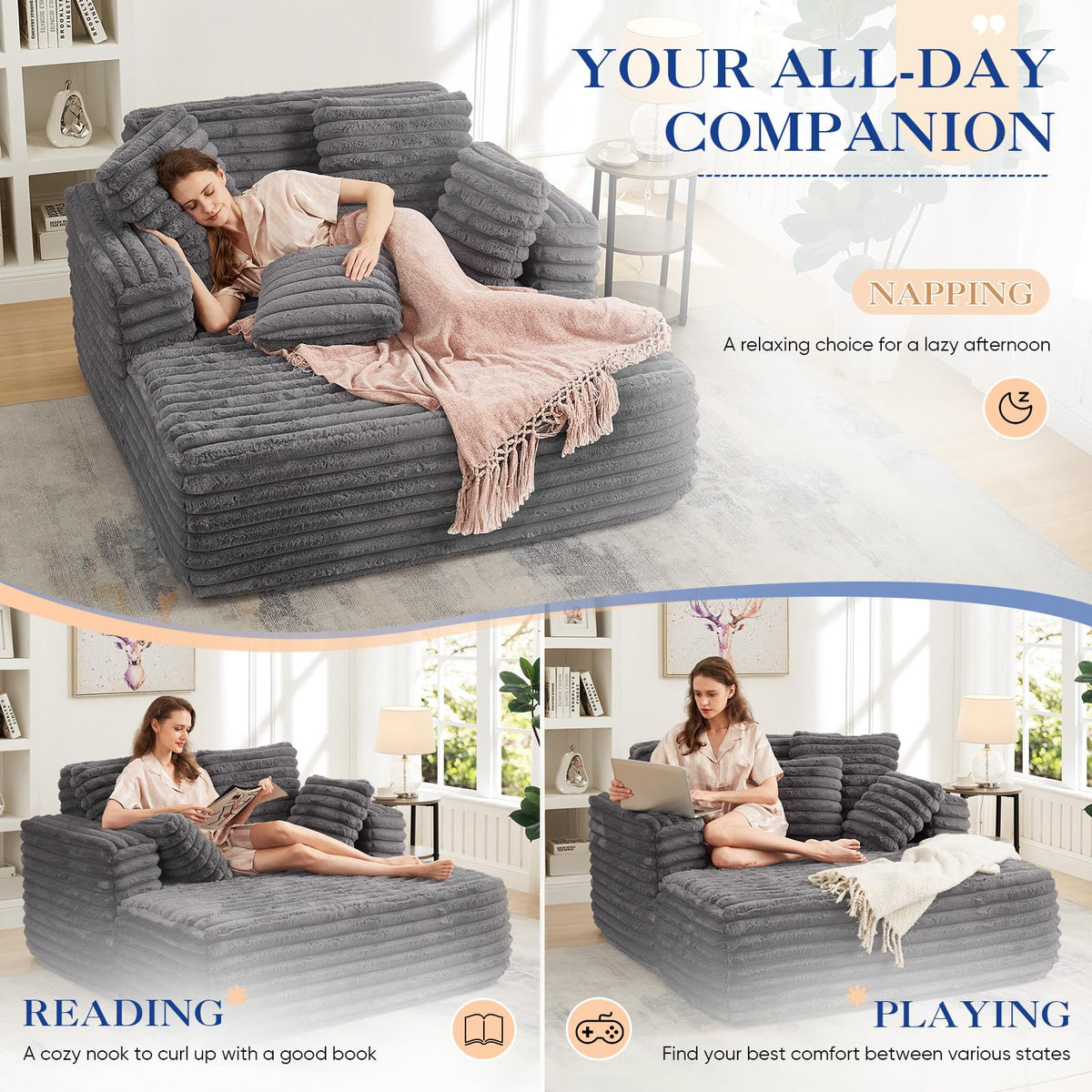 60.75" Oversized Chaise Lounge Indoor, Modern Plush Faux Fur Fabric Deep Seat Boneless Memory Foam Sleeper Chaise Lounge Sofa Chair with Pillows for Living Room Bedroom Studio, No Assembly Couch, Grey