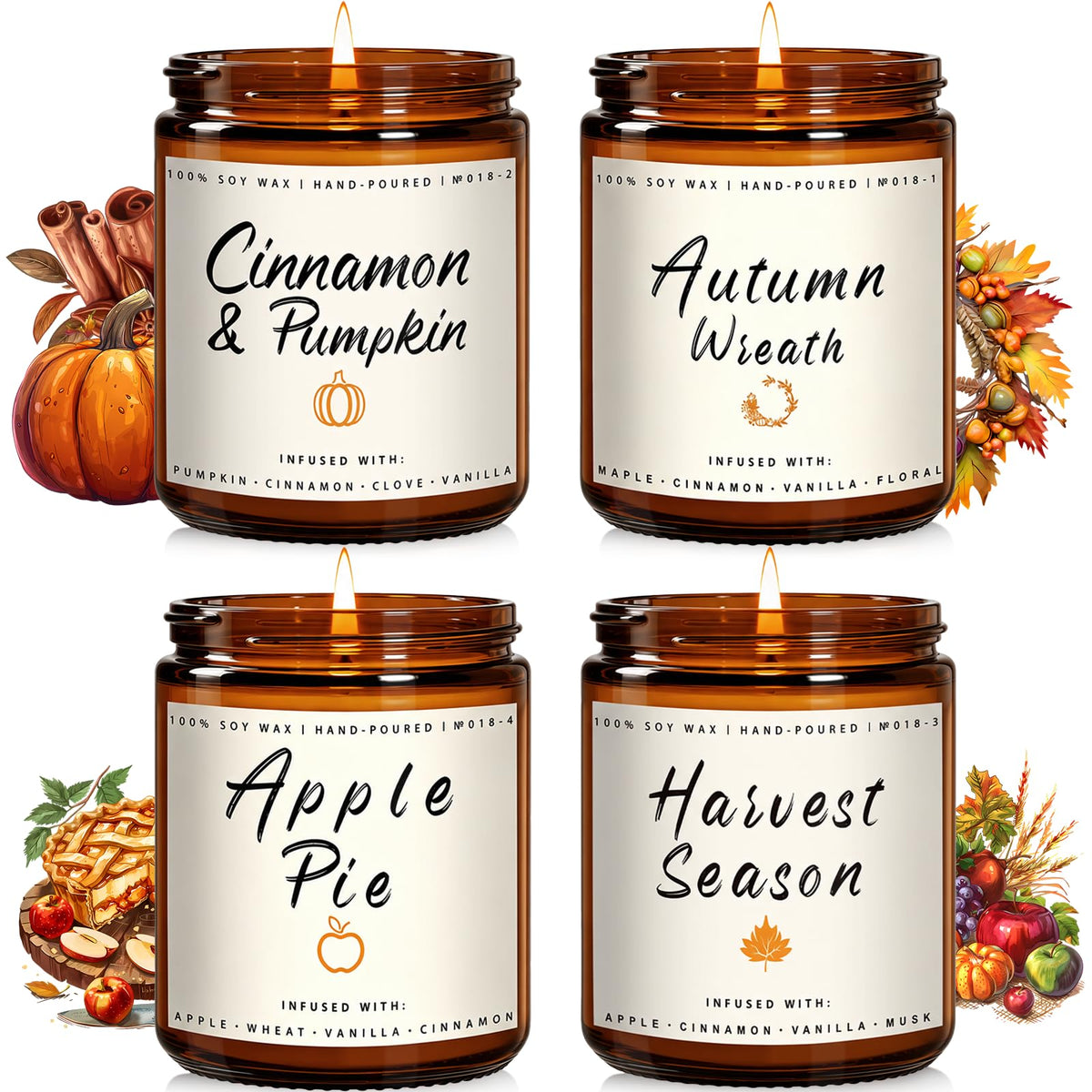 Auelife Fall Candle Set | 4 Pack Scented Candles for Home - Candle Gifts for Women Men, Soy Candles Home Scented | Autumn Fragrance of - Apple Pie/Cinnamon/Harvest/Wreath