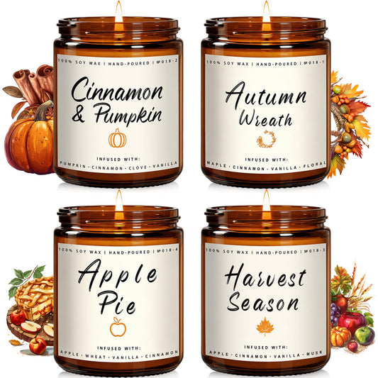 Auelife Fall Candle Set | 4 Pack Scented Candles for Home - Candle Gifts for Women Men, Soy Candles Home Scented | Autumn Fragrance of - Apple Pie/Cinnamon/Harvest/Wreath