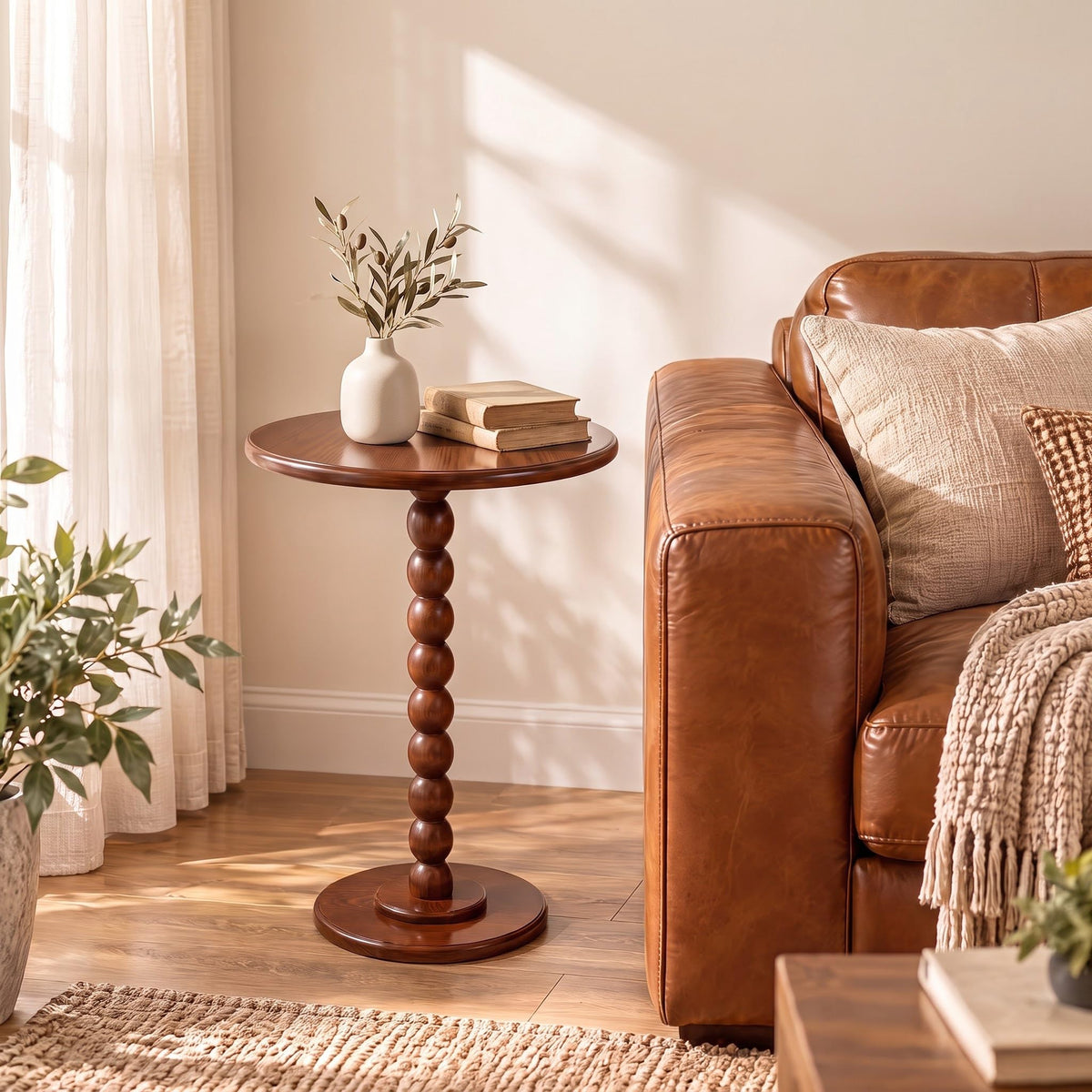 Sonderzone Solid Wood Pedestal Side Table, 16" Round End Table, Walnut