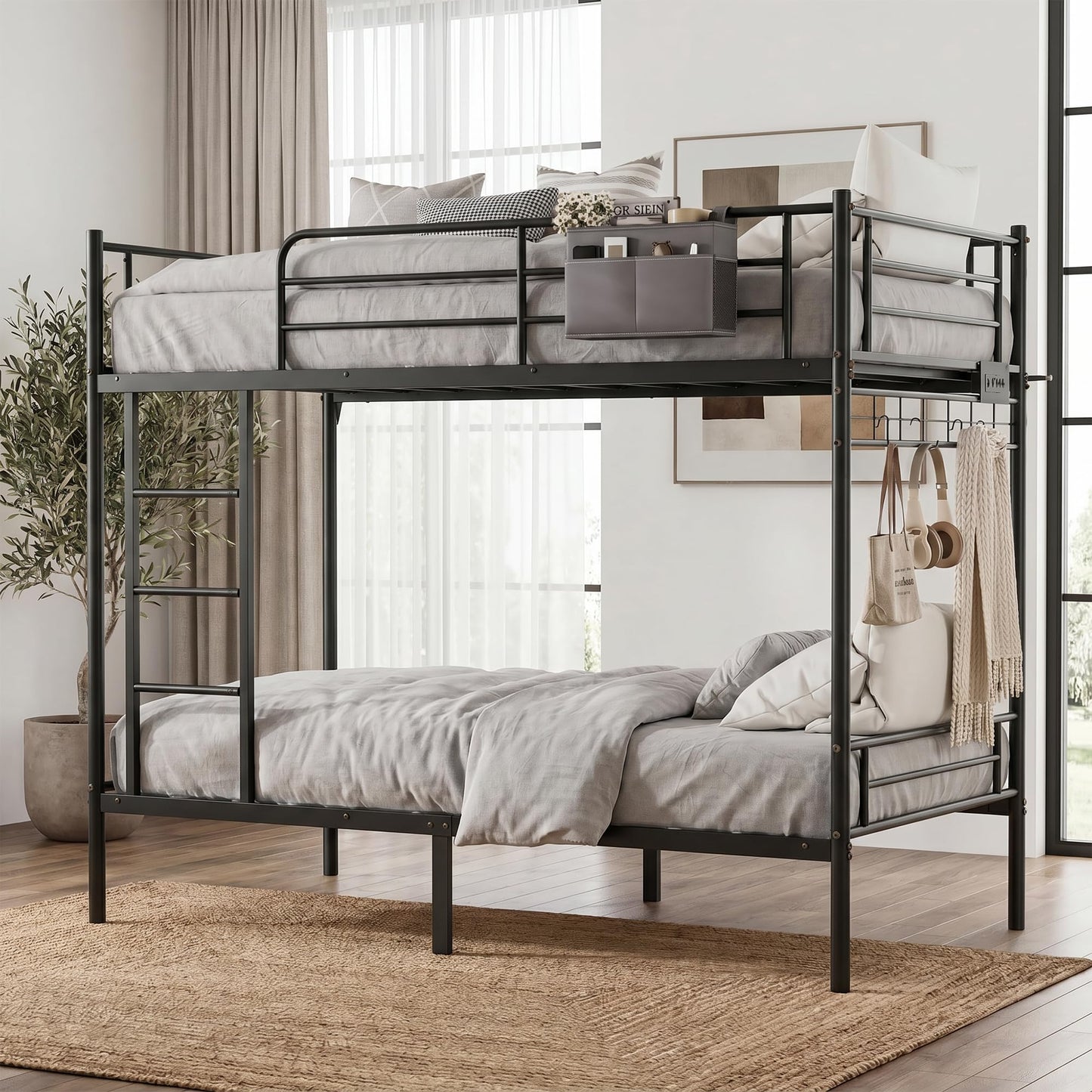 Bunk Bed,Bunk Bed Twin Over Twin with Power Outlet and LED Lights,Black