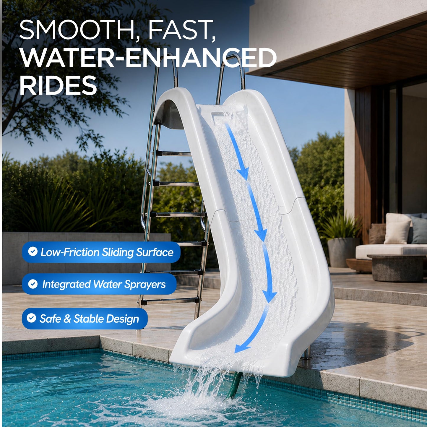 FibroPool Full-Sized Fiberglass Swimming Pool Slide – 10'6" Long, 6' Tall Left Turn Slide with Stainless Steel Hardware, Surface Mount Anchors, Sprayers, and Full Installation Kit for Pools