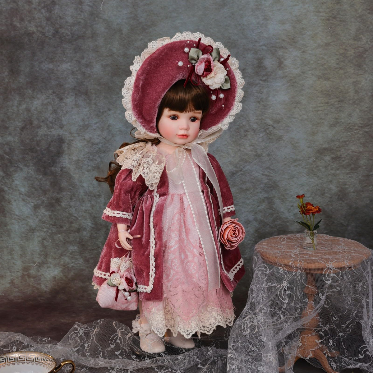 Cloveray 18 Inch Kawaii Porcelain ＆ Fabric Doll Cute European Retro Handmade Ceramic Doll with Showing Stand for Room Decor, Birthday Gifts, Collectible ，Name Olivier (Red)