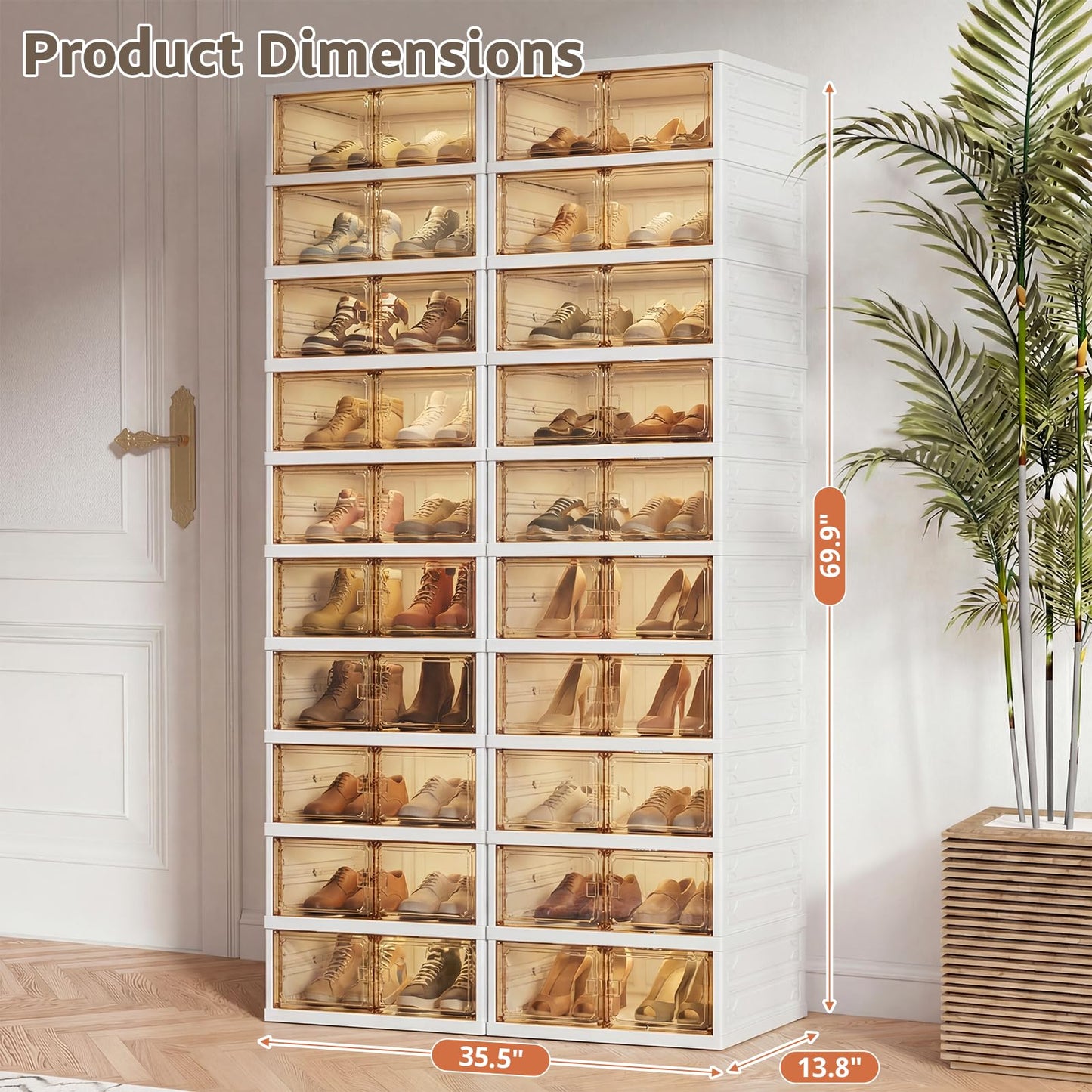 Danrelax 10-Tier Foldable Shoe Rack Organizer, 40 Pairs Stackable & Collapsible Shoe Cabinet with Transparent Doors & Leather Handles, Space-Saving Storage for Closet, Kitchen, Cabinet (No Boots Tier)