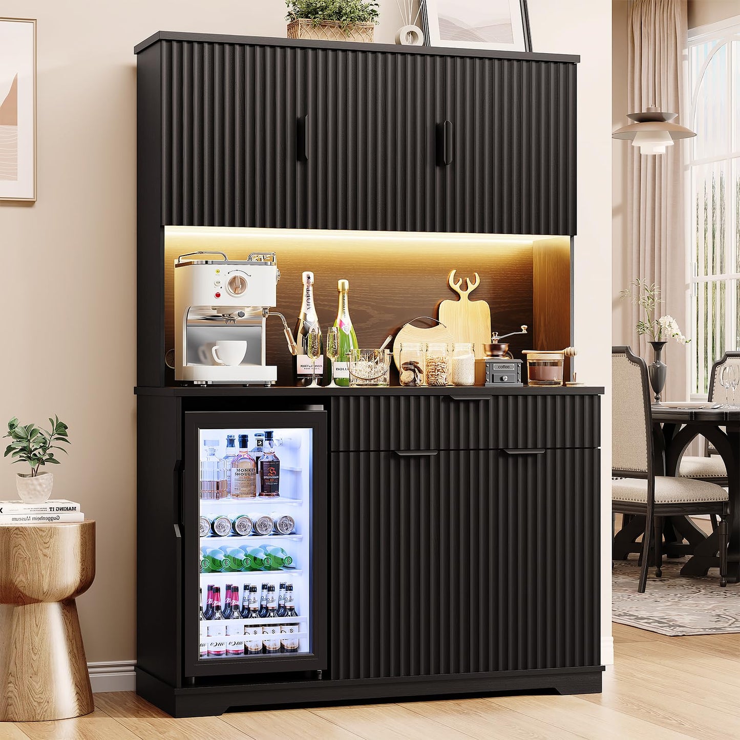 Aauro Home 69" Kitchen Pantry with Fridge (Fridge Included), Fluted Coffee Bar Cabinet with LED Lights & Outlets, Tall Wine Bar Cabinet with Drawer & Storage Hutch for Living Room, Dining Room, Black