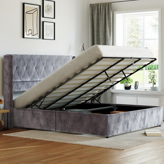 Sweetcrispy King Size Lift Up Storage Bed, Modern Upholstered Platform Bed Frame with Wingback Headboard, Hydraulic Lift Storage, No Box Spring Needed, Easy Assembly, Grey