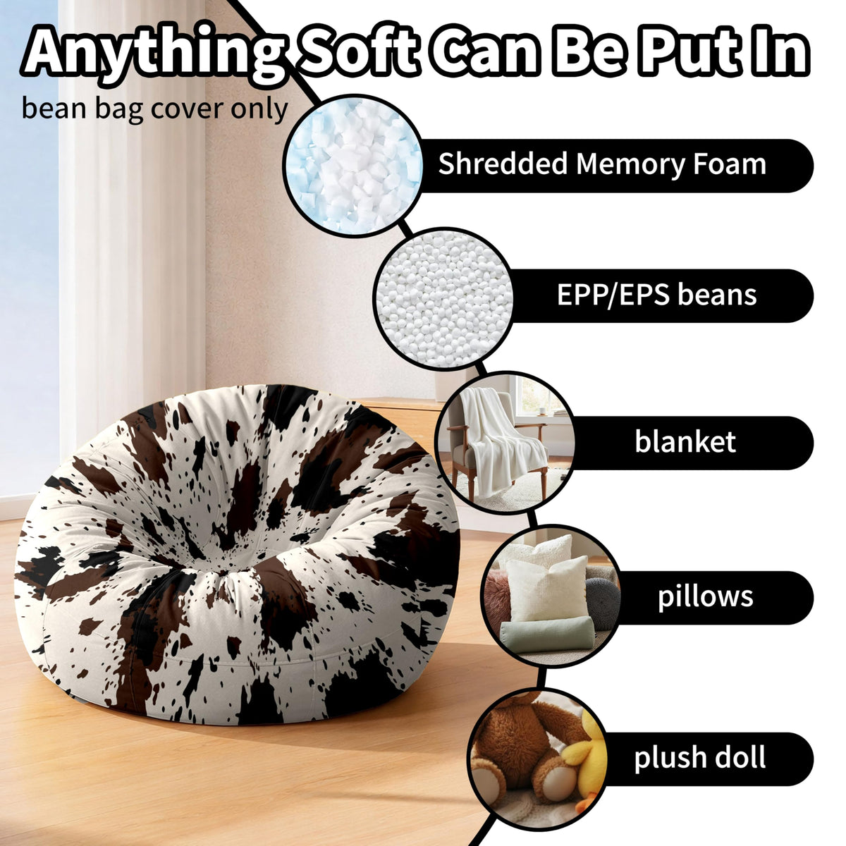 6FT Bean Bag Cover (No Filler), Cow Print Giant Bean Bag Chair Cover