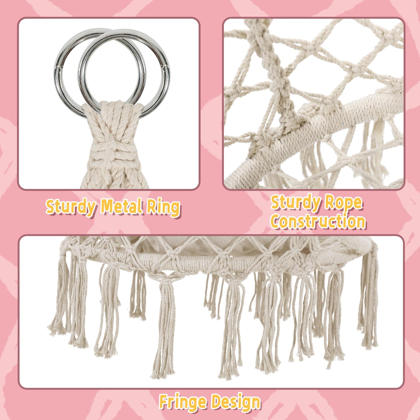 KROFEM Hammock Chair Swing Chair with Boho Medium Cushion, Macrame Hanging Chair for Bedroom, Indoor, Outdoor, Balcony, Porch, Beige