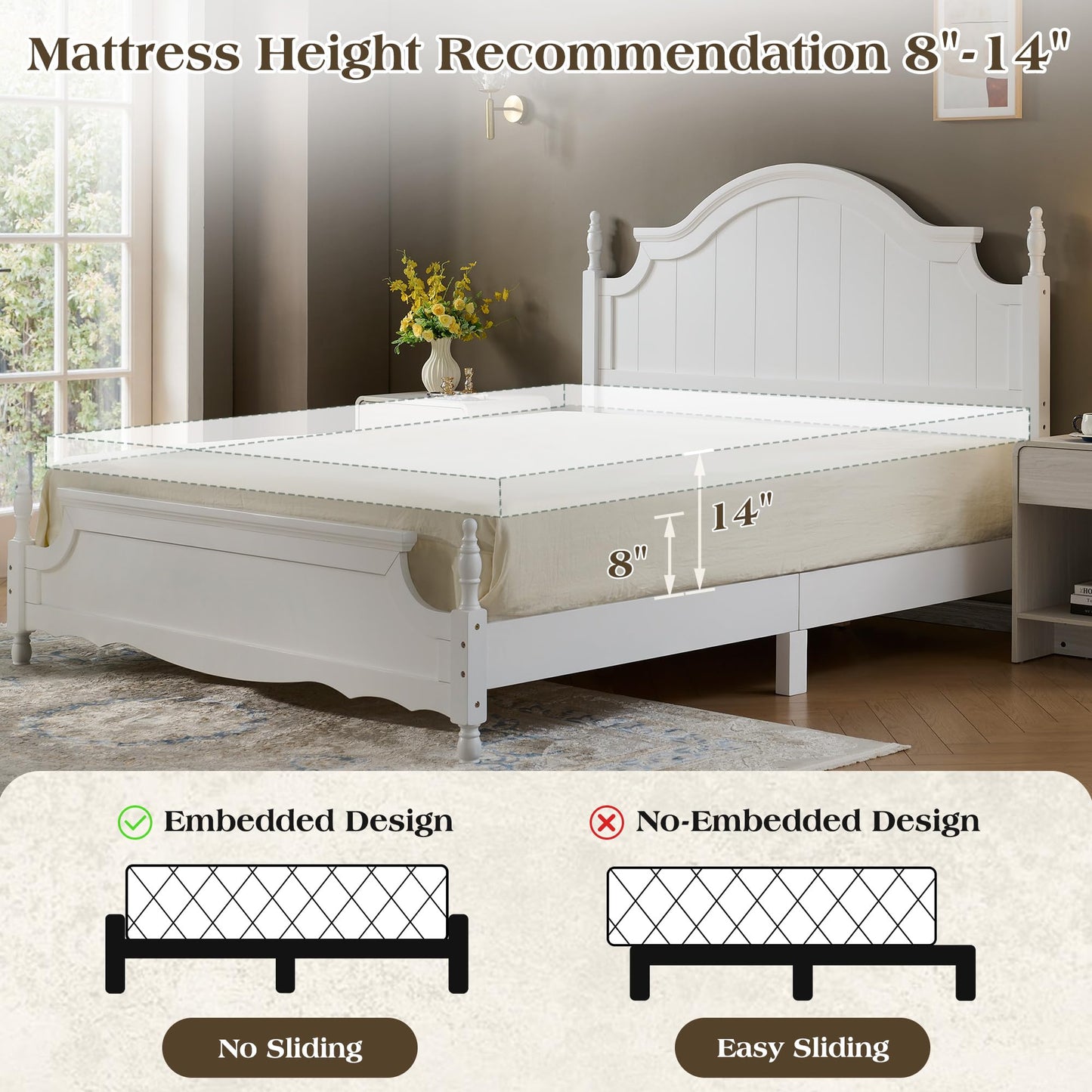 LUXOAK California King Solid Wood Poster Bed, 55" Arched Headboard, White