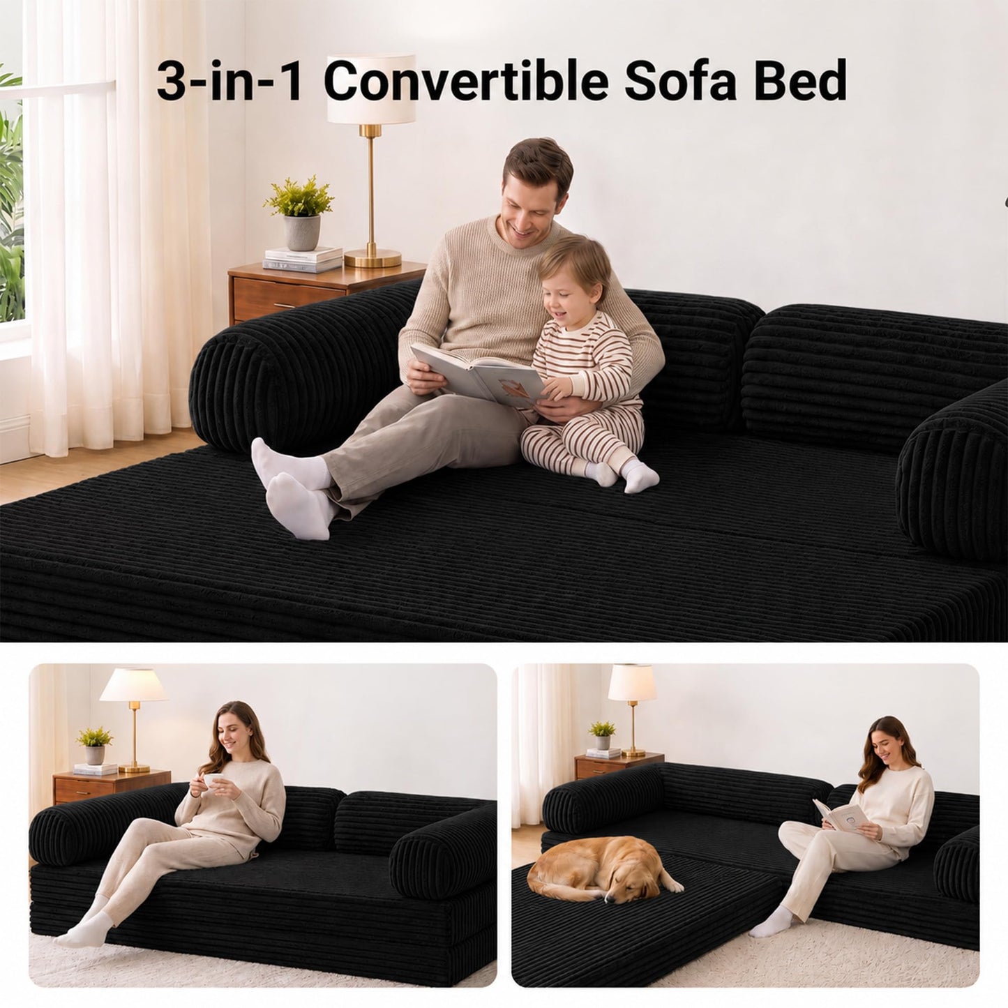 Claiks 75" Convertible Sofa Bed, Corduroy Futon Couch Pull Out Bed, No Assembly Boneless Couches for Living Room Bedroom Apartment, Black
