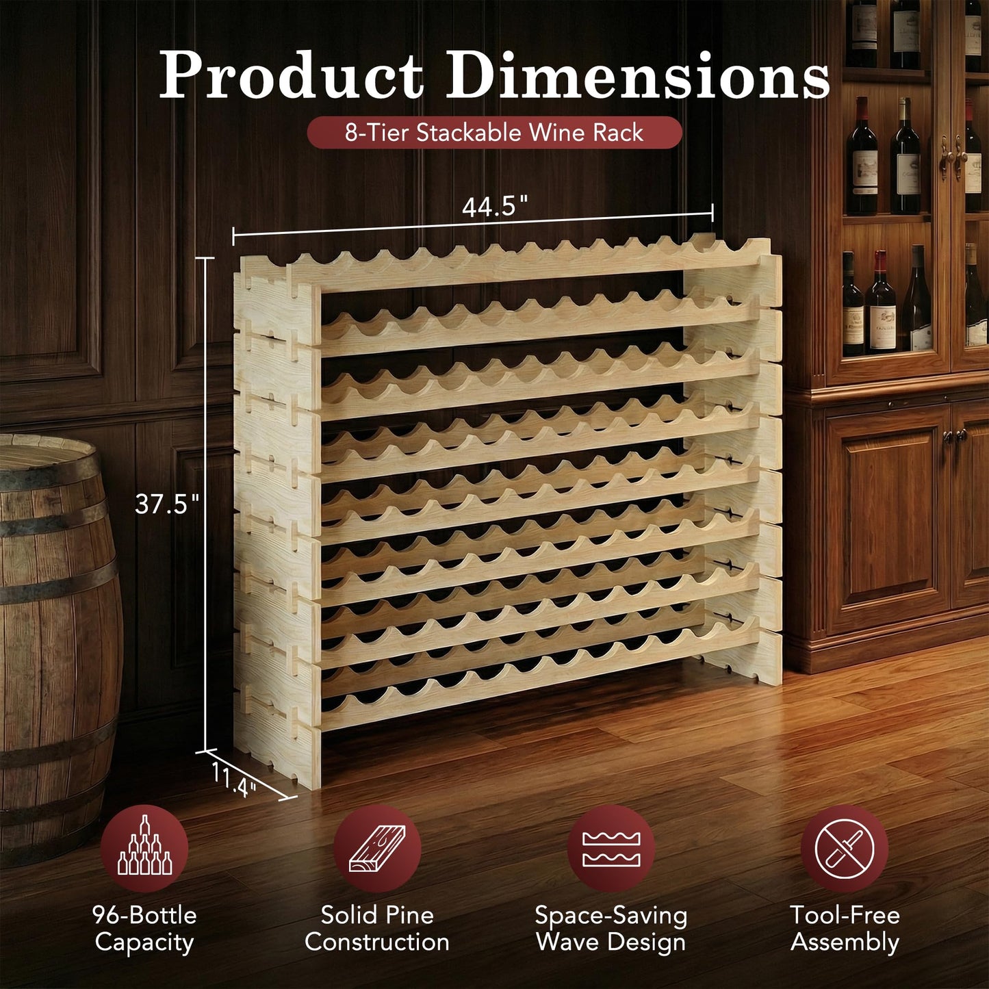 Smartxchoices 96 Bottles Stackable Modular Wine Rack, 8-Tier Wooden Wine Storage Rack Freestanding Wine Holder Display Shelves, Wobble-Free Shelves, Solid Wood
