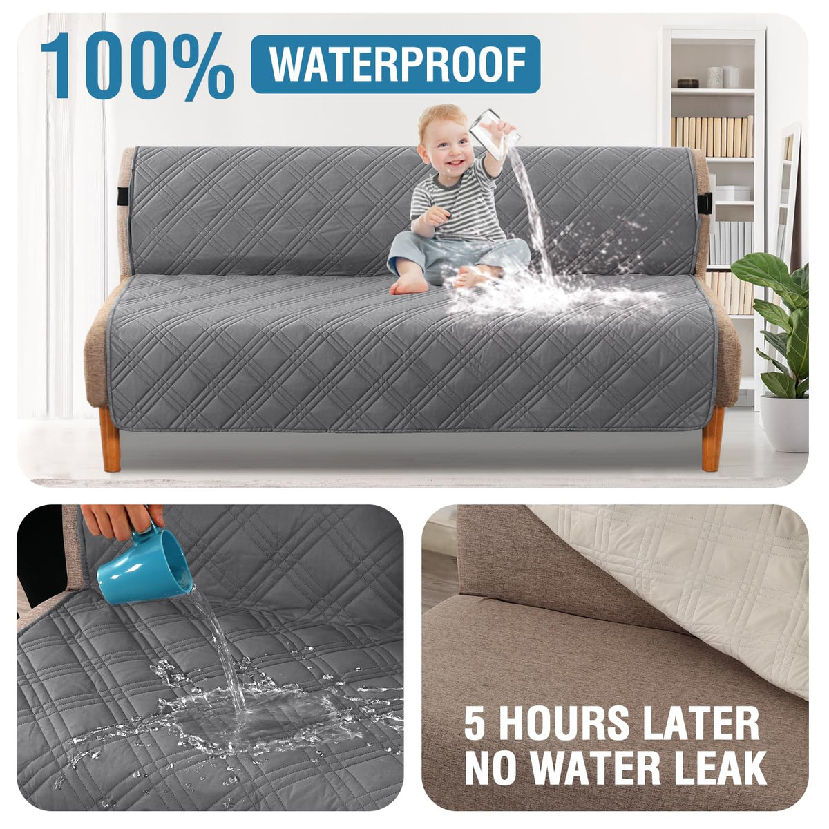 H.VERSAILTEX 100% Waterproof Futon Cover Reversible Futon Slipcover Armless Sofa Slipcover Furniture Protector Seat Width Up to 70" Washable with Adjustable Elastic Strap Anti-Slip, Grey/Beige