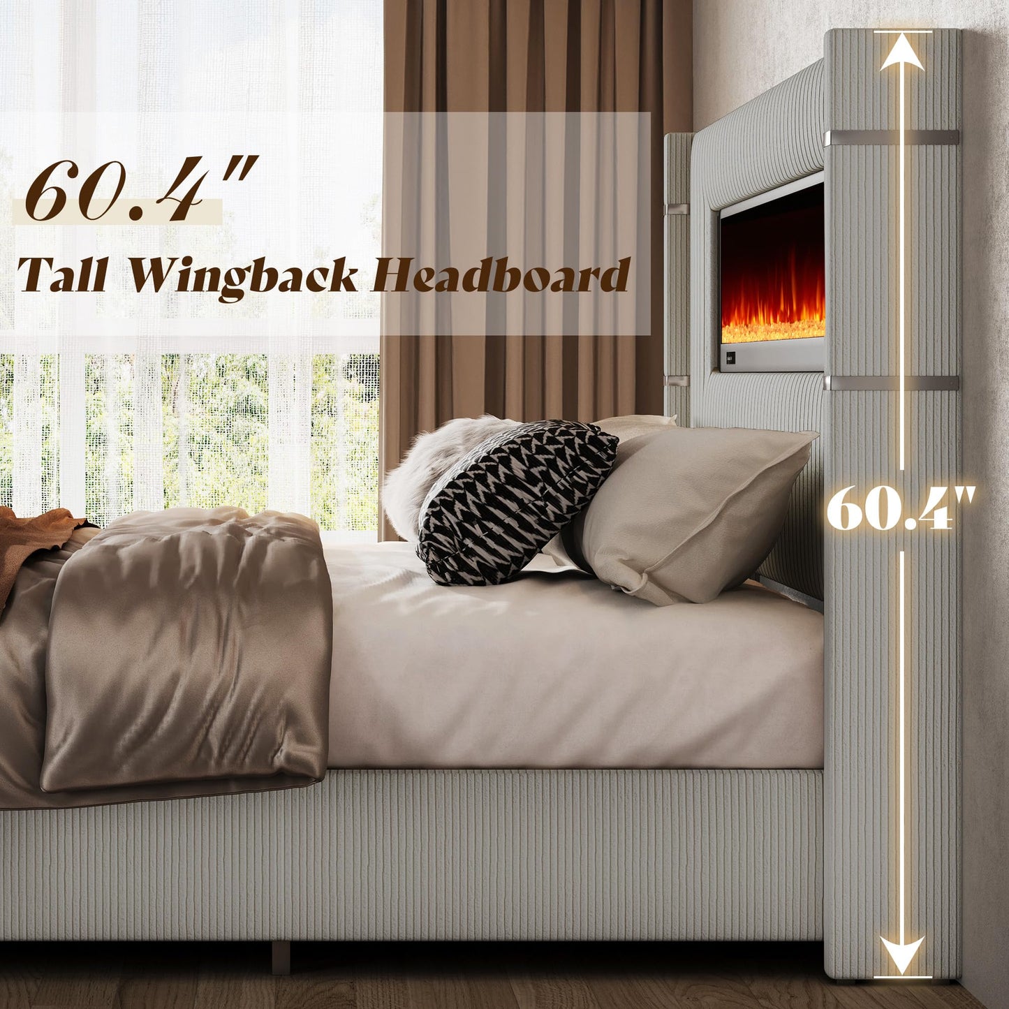 AMERLIFE Modern California King Size Bed Frame with Fireplace, Corduroy Upholstered Bed Frame with 60.4“ Extra Tall Headboard, Wingback Platform Bed Frame Wooden Slats/No Box Spring Needed, Greige