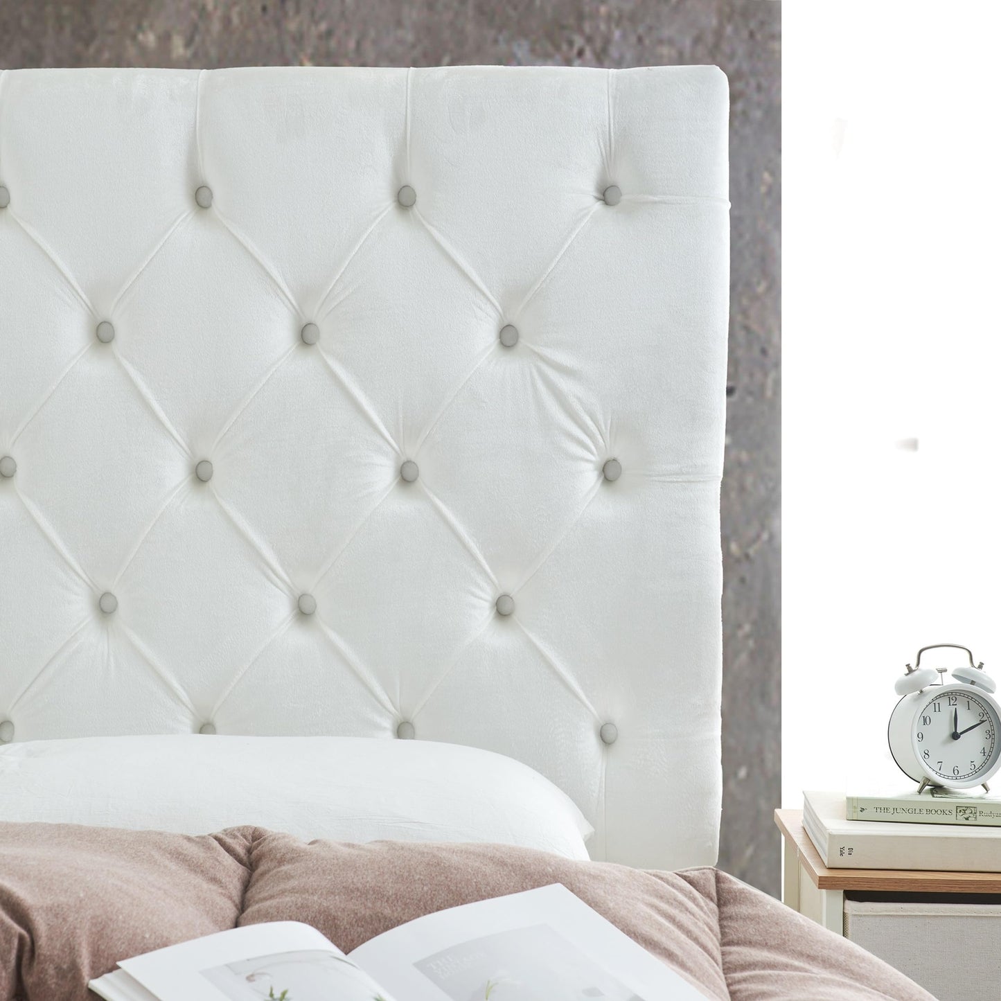 Tufted Velvet Plush College Dorm Right Side Outlet Headboard with Legs - White