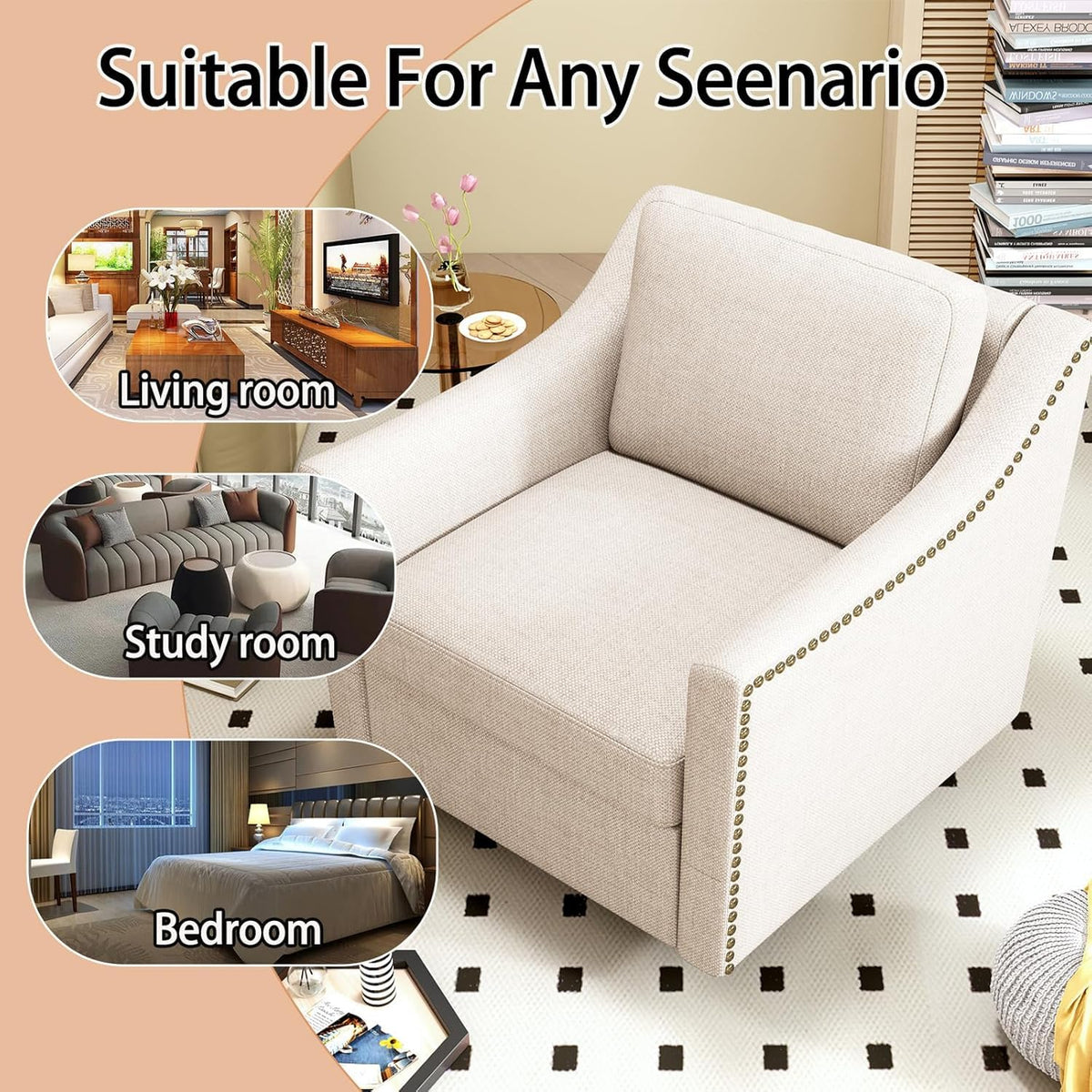 Jantaypor Swivel Accent Chair Set of 2，Armchair，Bronze Nail Decoration Comfy Living Room Chair,Single Sofa Chair，Reading Chairs,for Living Room Bedroom Reading Apartment (Cream, 2 Cream)