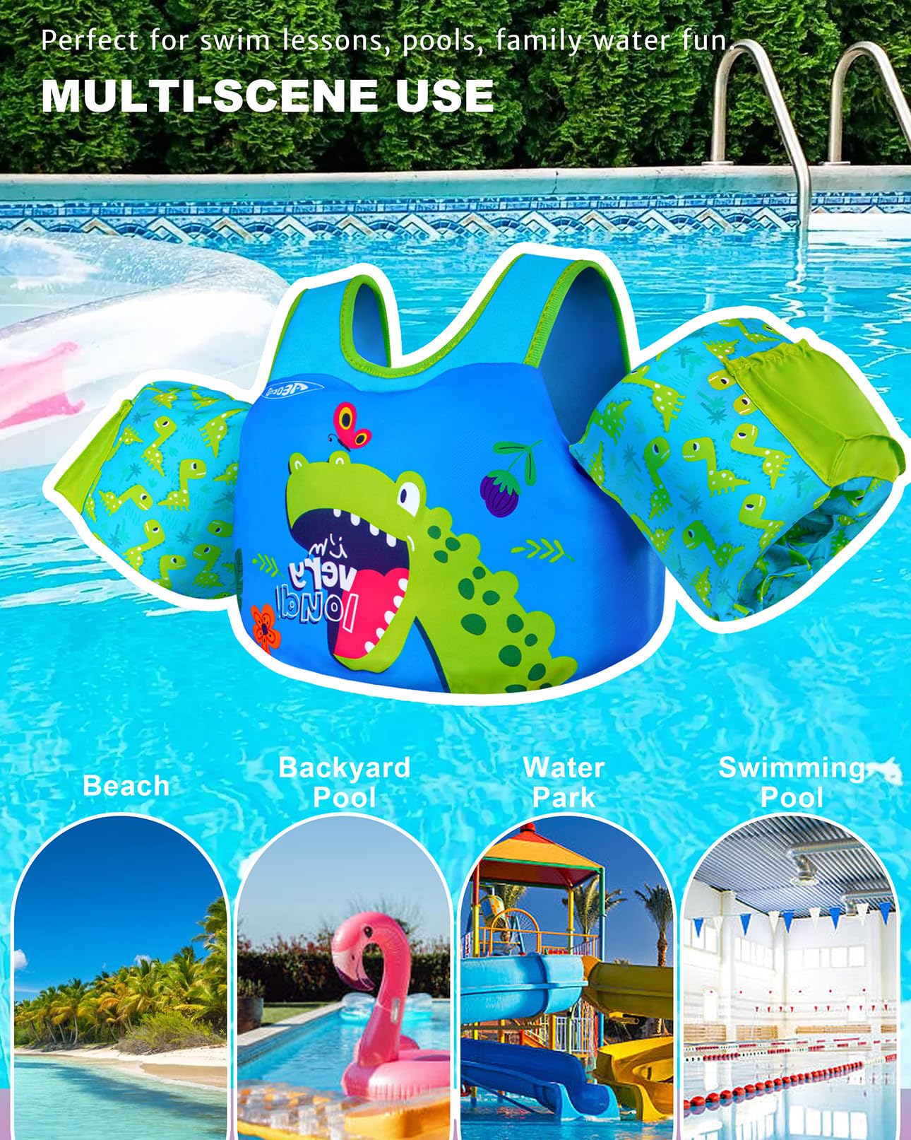 AEOCOO Puddle Float Jumper 20-30 Pounds, Toddler Swim Vest for 1-2-3 Years Old, Pool Floats with Swimming Arm Floaties Swim Jacket with Water Wings for Kids Swimmies, Boys, Girls, Niños, Dinosaur