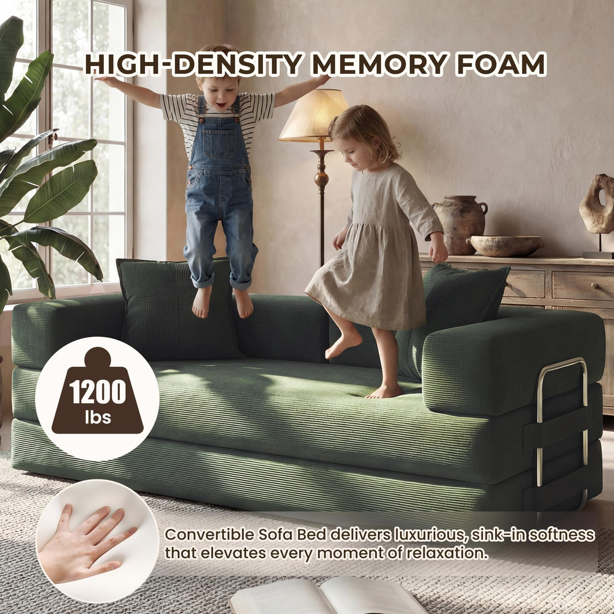 78" 5-in-1 Convertible Futon Sofa Bed, Boneless Corduroy, Green