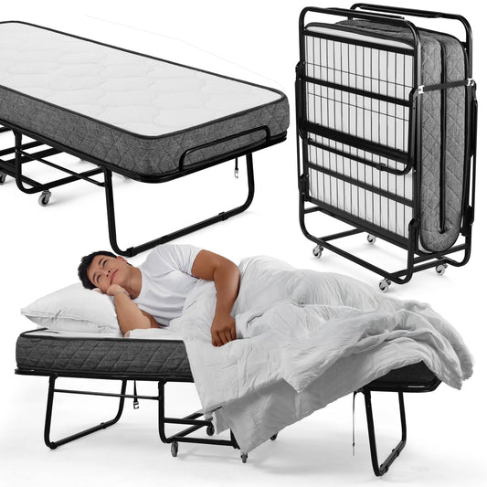 EconoHome Folding Bed with Mattress - 75x31 Cot Size Frame - Portable Rollaway Guest Bed with 5-inch Memory Foam Mattress - Space-Saving Foldable Design for Easy Storage