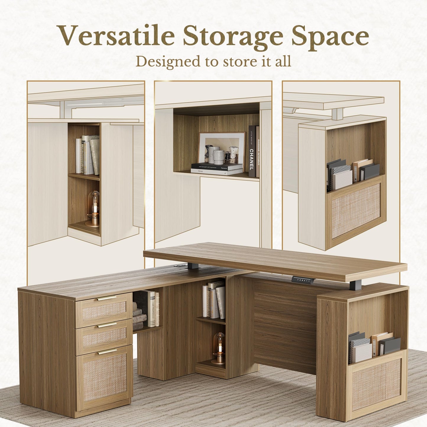 Perledesign Home Office Furniture Set, 63'' Electric Standing Desk with 73'' Bookshelf and 2 Drawer Lateral File Cabinet, Office Furniture Desk Sets, Rattan Style Natural Oak