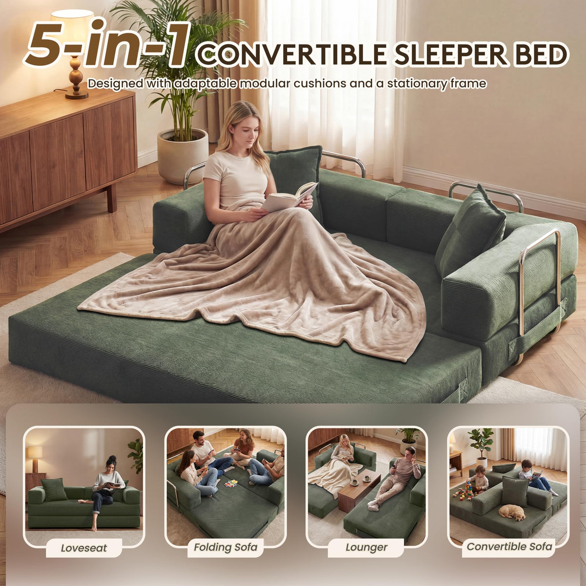 78" 5-in-1 Convertible Futon Sofa Bed, Boneless Corduroy, Green