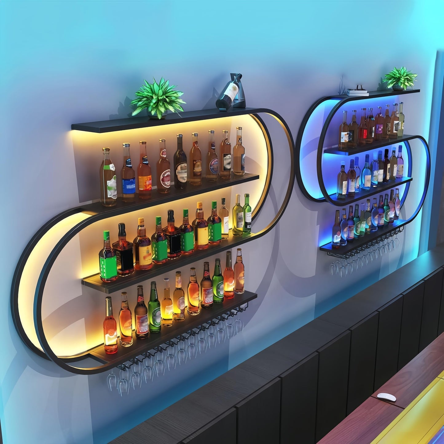 HFTUW 47 Inch Wall-Mounted Wine Rack with Led Light, 4-Tier Half Round Bar Shelves, Industrial Metal Display Storage Shelf & Wine Glass Hooks for Home Bar, Dining Room(Black-Blue Led, 47in/120cm)