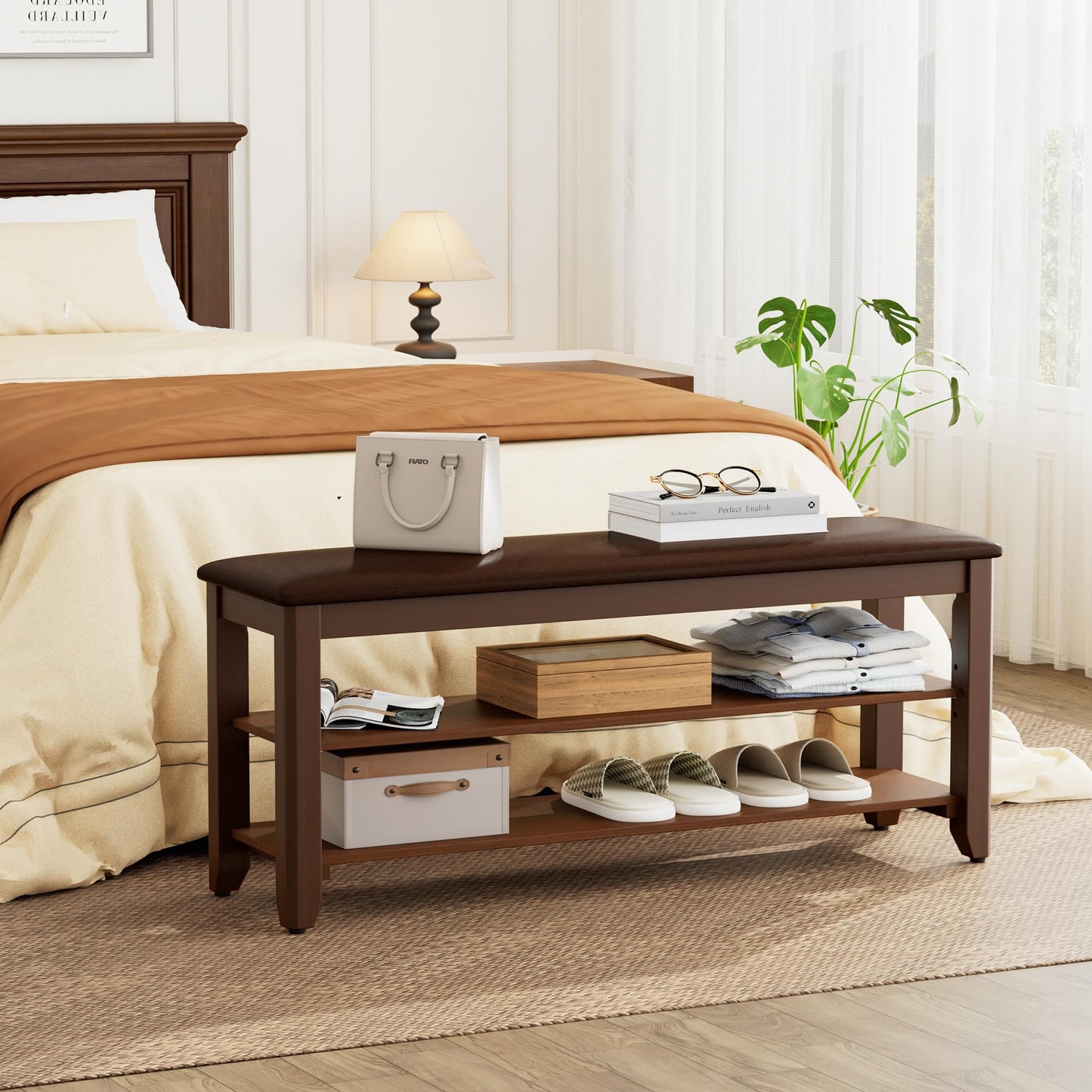Homleke 39.4" Wide Solid Wood Shoe Rack Bench with Flip-Top Storage