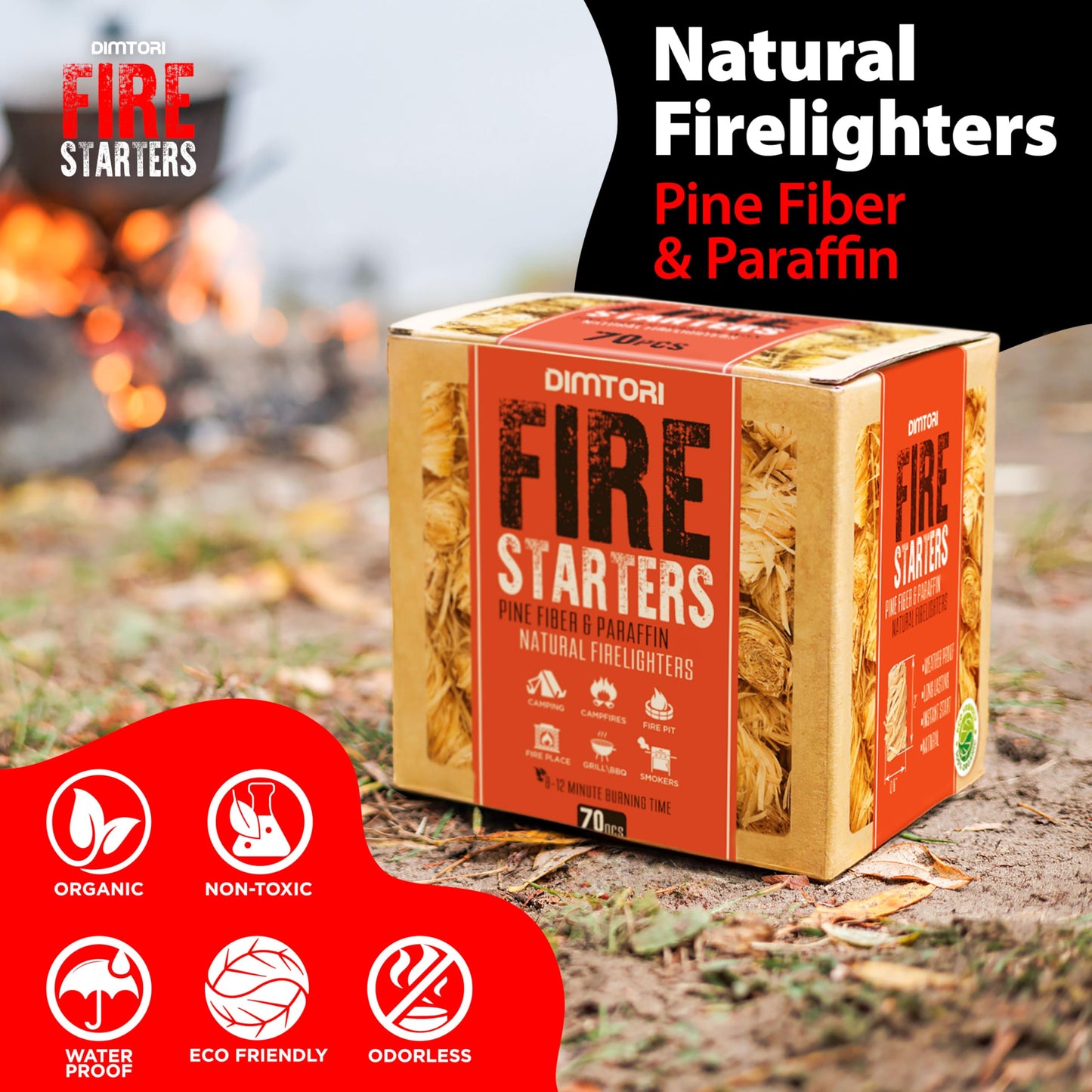 DIMTORI 70 pcs Fire Starter - Natural Fire Starters for Campfires, Fire Pit, Pizza Oven, Fireplace, Smoker, BBQ, Pellet Stove & Wood - Fire Starters for Grill, Charcoal Starter