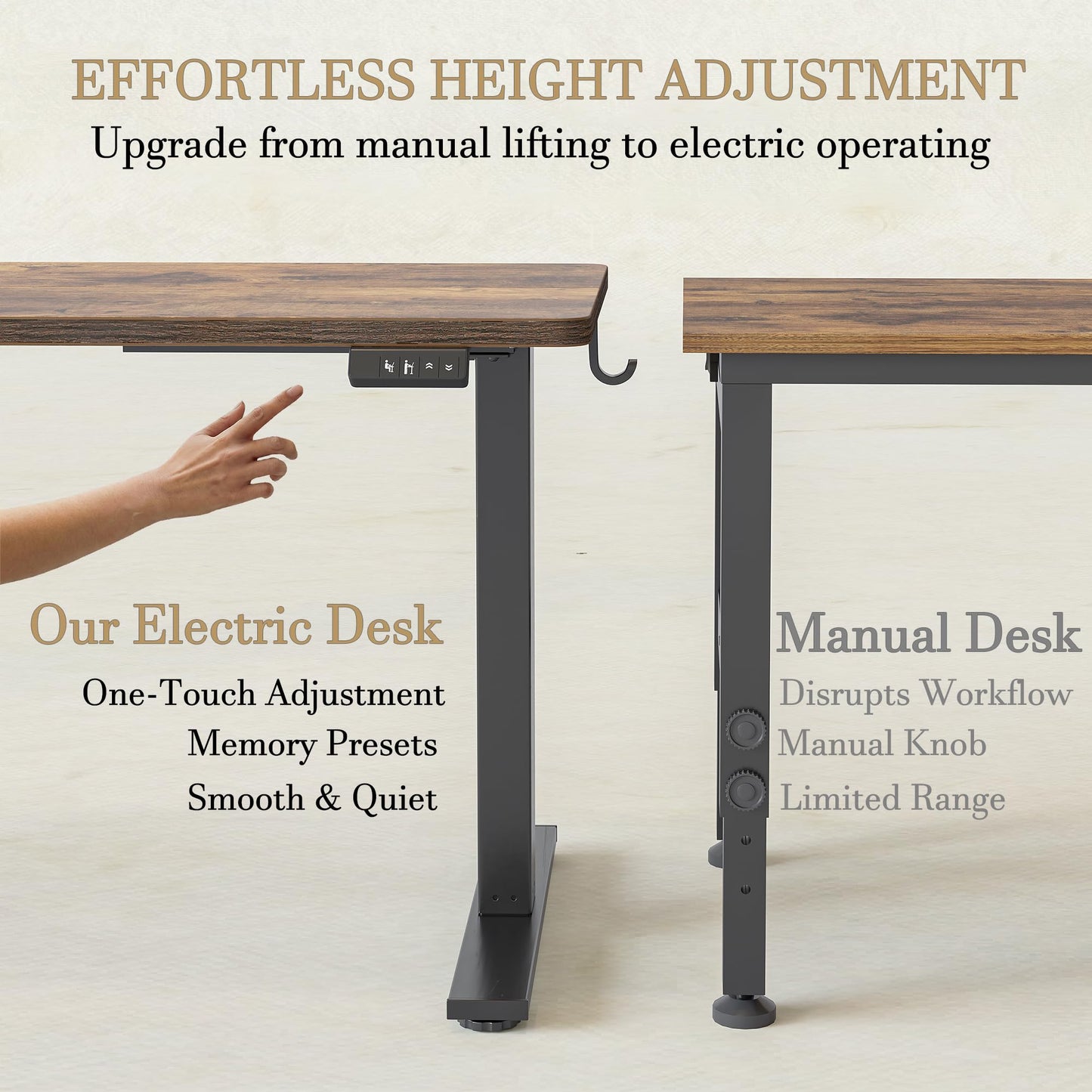 TIQLAB Electric Adjustable Sewing Table, 63"x24" Workbench Adjustable Height, Ergonomic Worktable for Garage, Craft Desk, Spacious Desk for Sewing and Crafts, 2 Piece Board, Rustic Brown