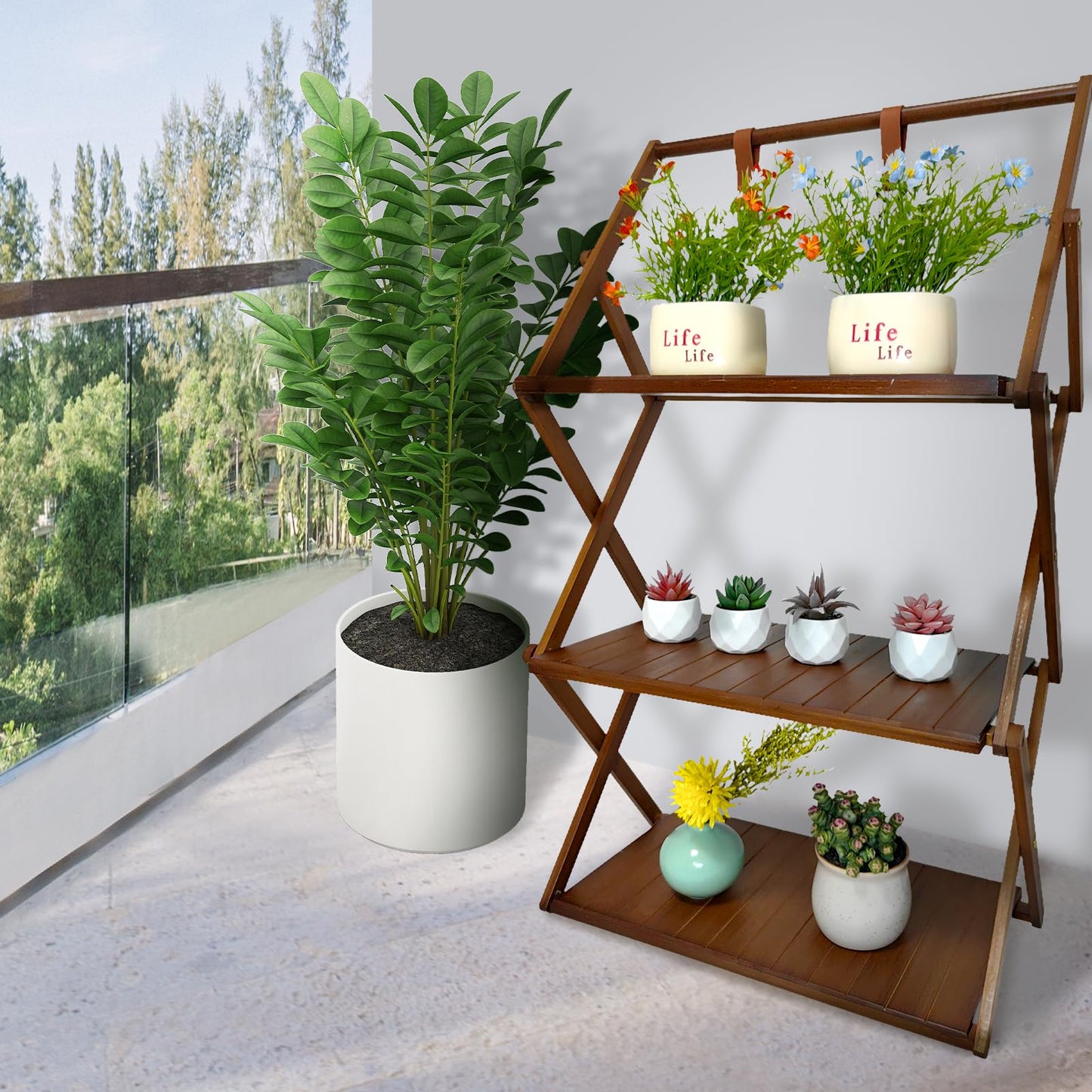 FEIXIDI Foldable Bamboo Shelf, Folding Shoe Rack, Flower Rack, Camping Rack, No Installation Required, Portable, Space Saving, Multi-Purpose Storage Rack (Walnut, 3 Tiers with Boom)