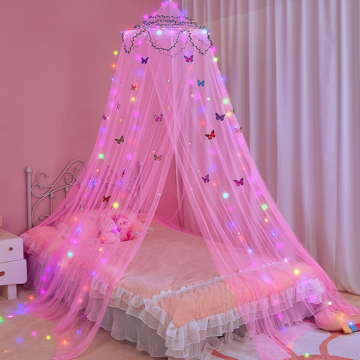 FIOBEE Bed Canopy for Girls Room with LED Light Kids Toddler Bedroom Decor