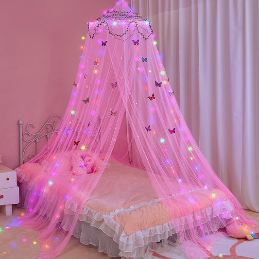 FIOBEE Bed Canopy for Girls Room with LED Light Kids Toddler Bedroom Decor
