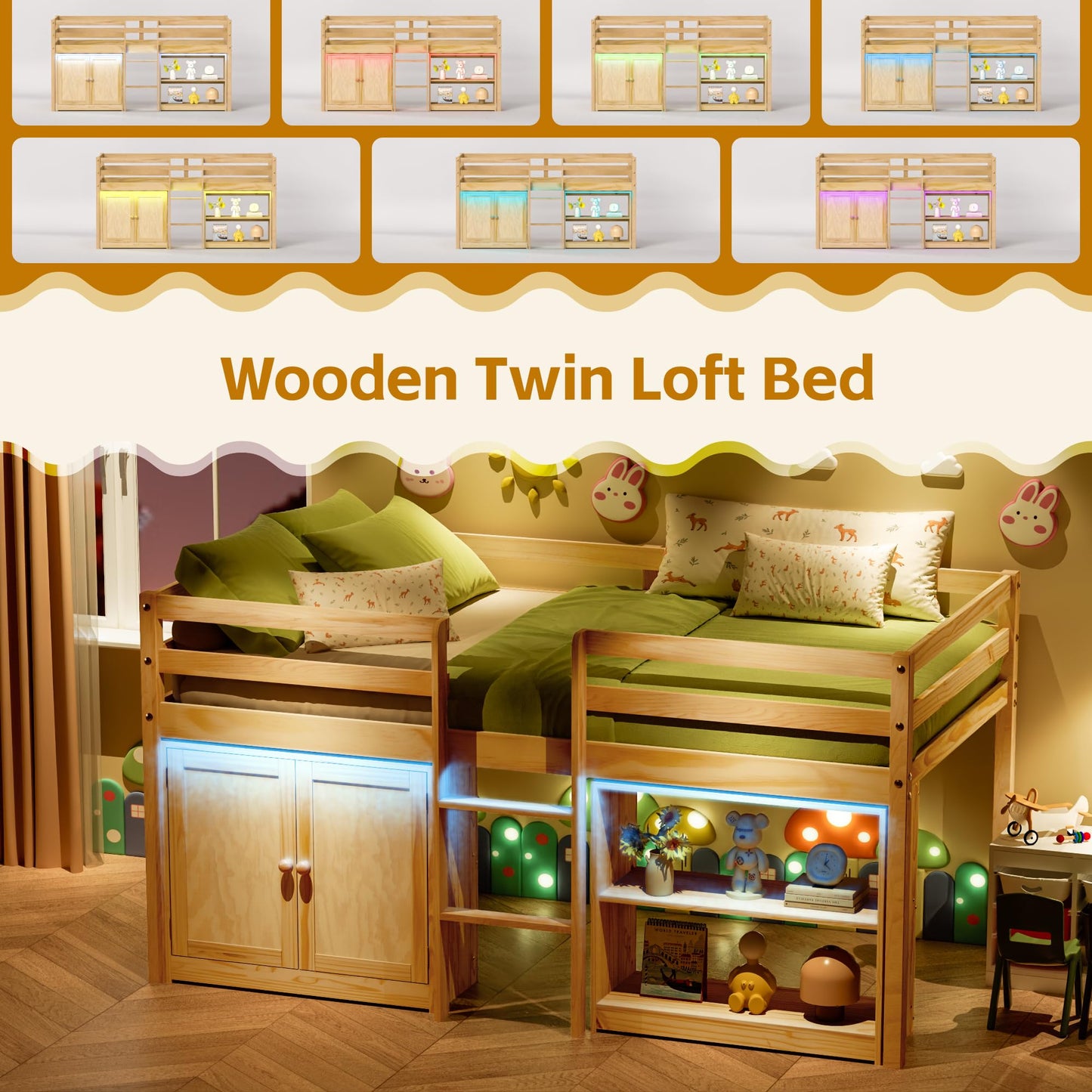 TOLEAD Wood Low Loft Bed Twin Size with Storage Cabinet, Shelf and LED Lights, Wooden Kids Loft Bed with 14" H Safety Guardrail, Ladder and Under-Bed Play Space, Natural Wood