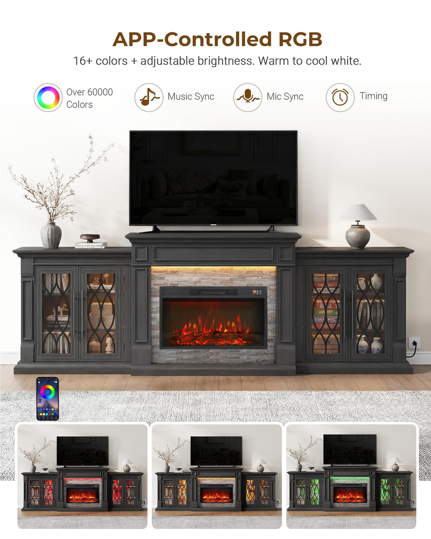 LGHM 104" LED Fireplace TV Stand with Outlet for TVs Up to 100 Inch, Electric Fireplace with Mantel, Entertainment Center with Storage, 30'' Fireplace Heater Insert with for Living Room, Black