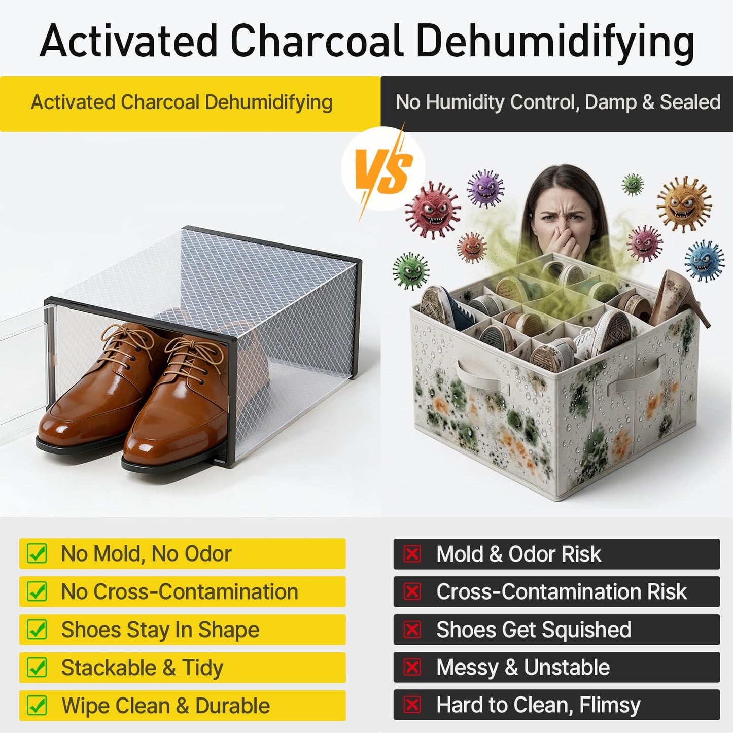 Kuject X-Large Shoe Storage Boxes with Activated Charcoal Packs for Closet