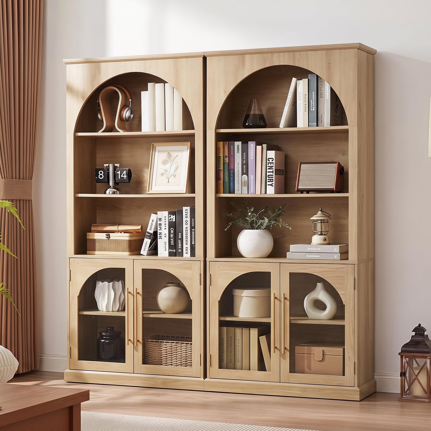 LELELINKY Arched Bookshelf with Tempered Glass Doors, 67" Tall Bookcase