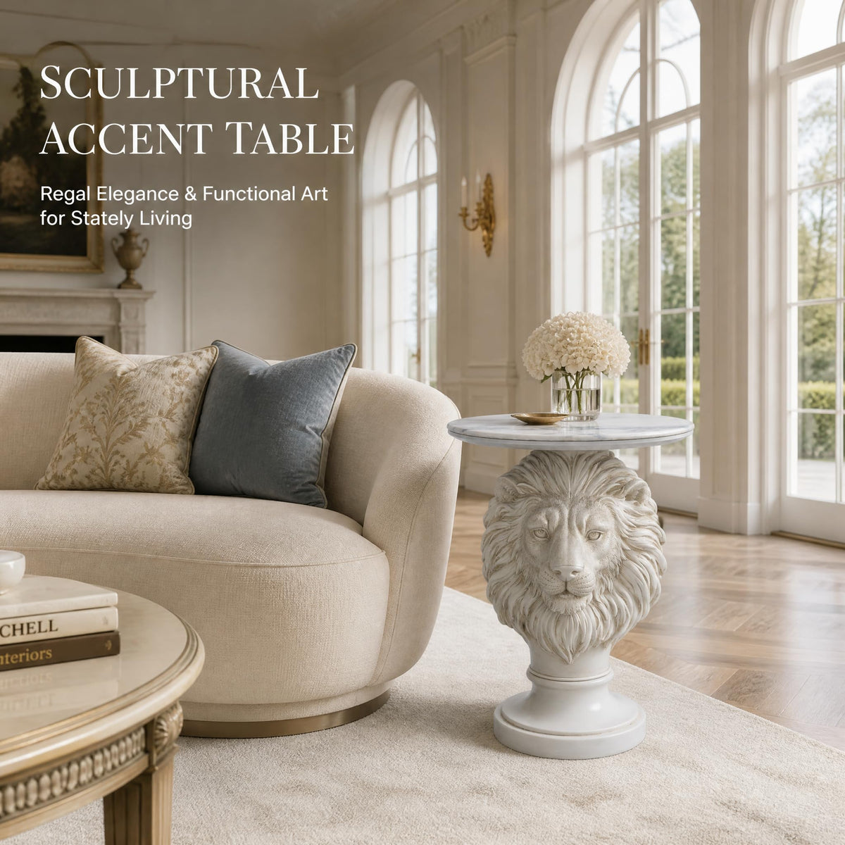 Eshiaeid White Lion Head Sculptural Side Table with Faux Marble Top, 19.7" Round Animal End Table, 25.6" H Majestic Accent Nightstand for Living Room & Bedroom, Luxury Housewarming Gift