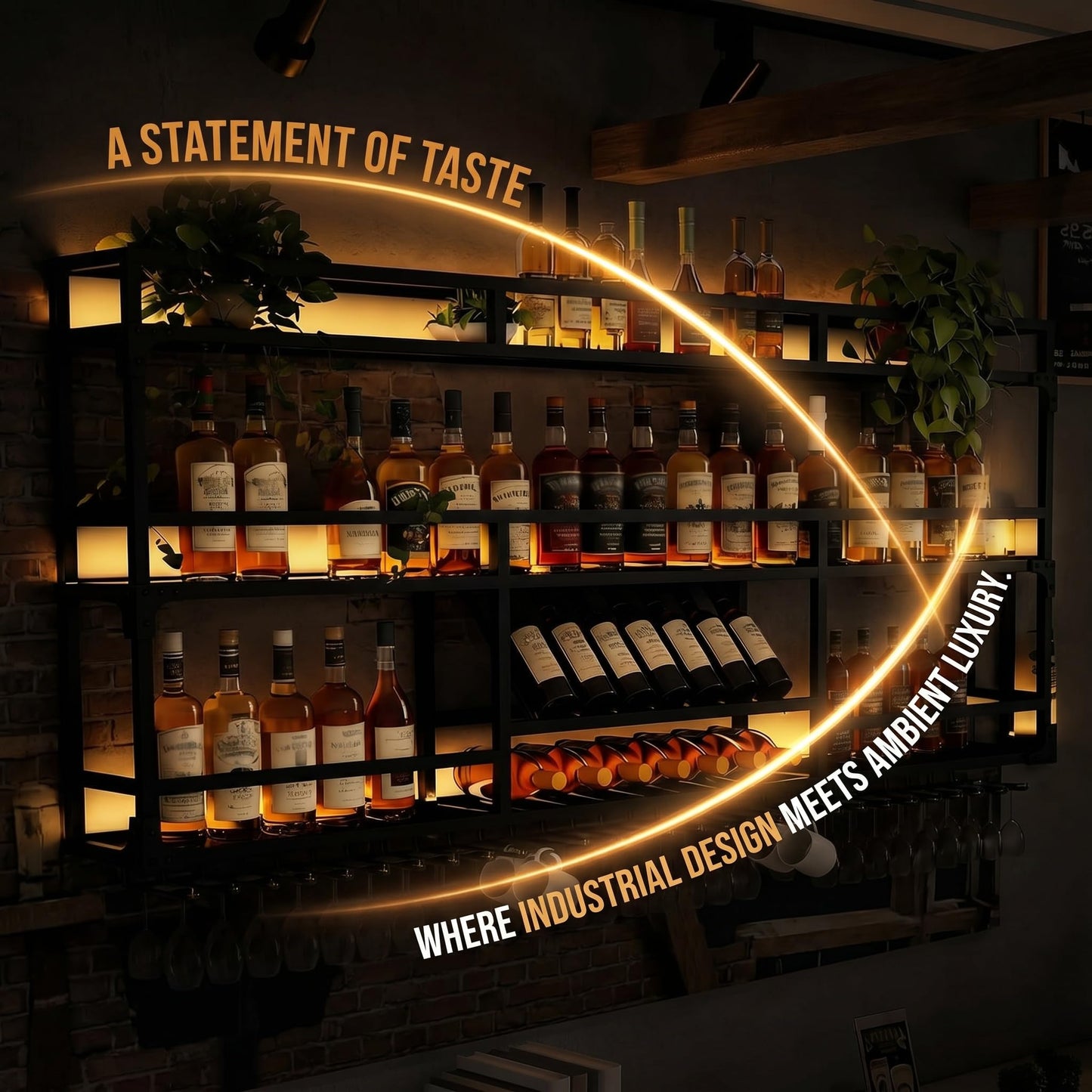 RAJYQODIS 47in Wall Mounted Wine Rack with LED Lights, Floating Industrial Liquor Glass Holder 3 Tiers, Large Metal Wine Bottle Display Rack Hanging Shelf, for Home Bar Dining Room Decorative