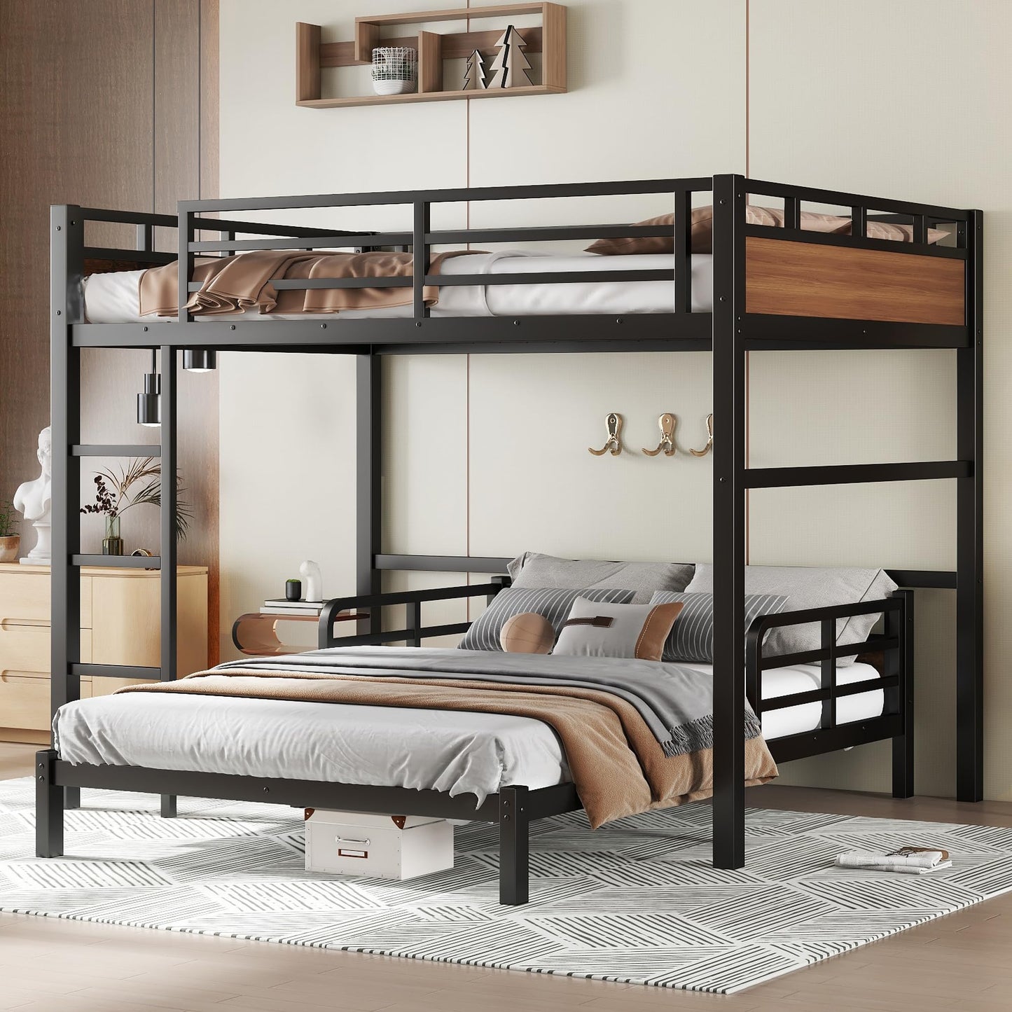 Bellemave Full XL Over Full XL Bunk Bed, Separable Bunk Beds for Kids, Converts to Loft Bed & Platform Bed, Heavy Duty Metal Bunkbed with Guardrails, No Box Spring Needed, Walnut