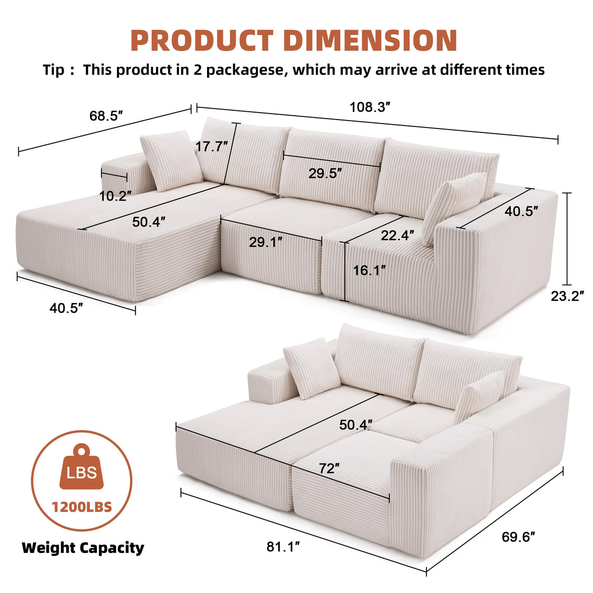 108" Boneless Couch with Chaise, Cloud Sectional Modular Sofa, Beige