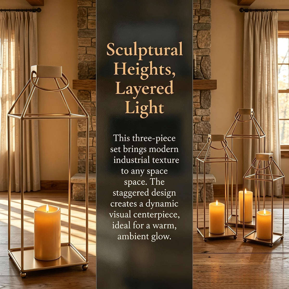 Lanterns Decorative Tall Large Metal Candle Set of 3, Gold(16.6",14.7",12.9") Modern Farmhouse Decor, Indoor, Outdoor, Tabletop, Porch, No Glass NO Candles